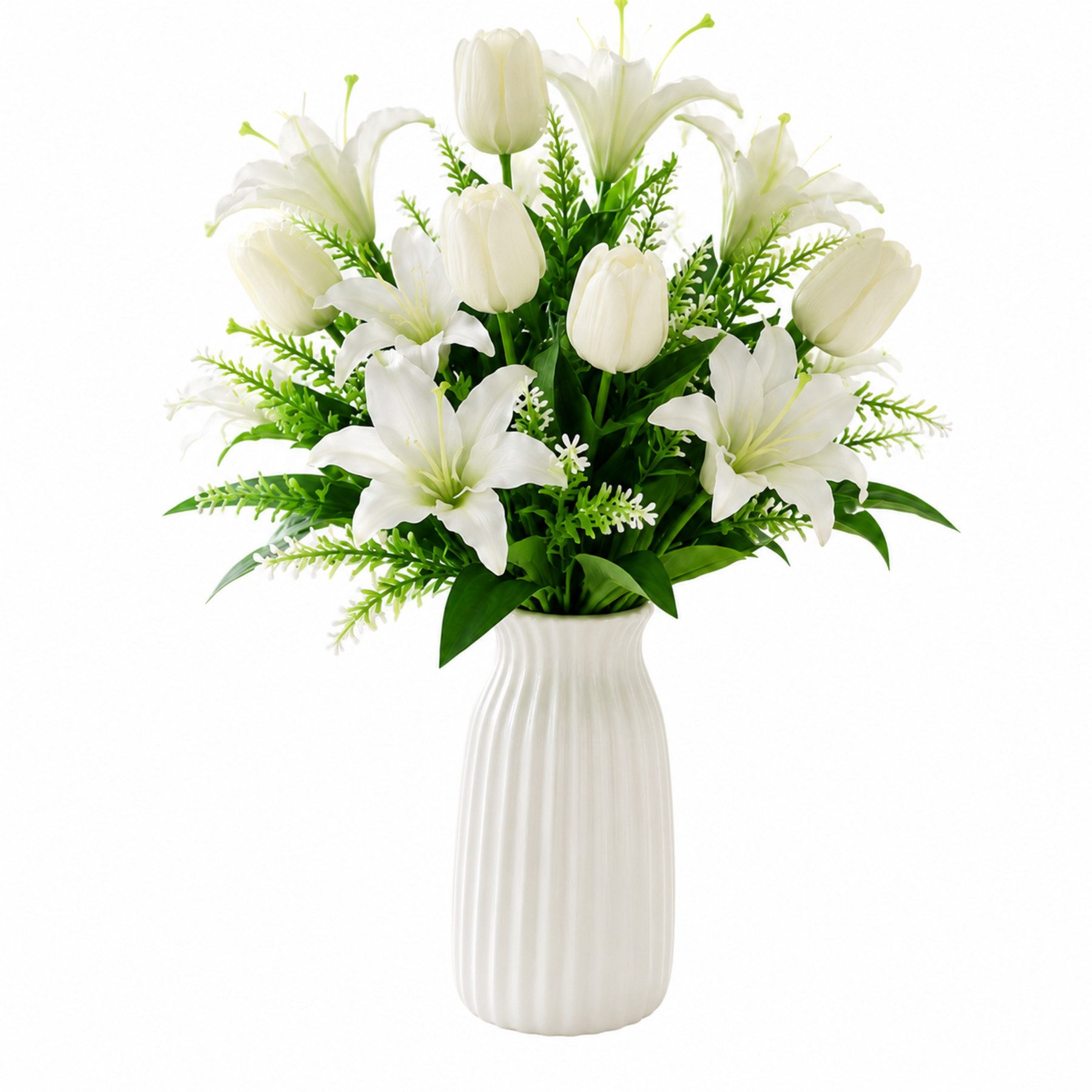 Kunstblumenstrauß Kunstblumen Strauß Weiß 2er Pack, Künstliche Lilien & Tulpen 45 cm Dekoblumen Blumenstrauß mit grünen Blättern, Fyrove, pflegeleichte Tischdeko für Wohnzimmer Hochzeit Vase