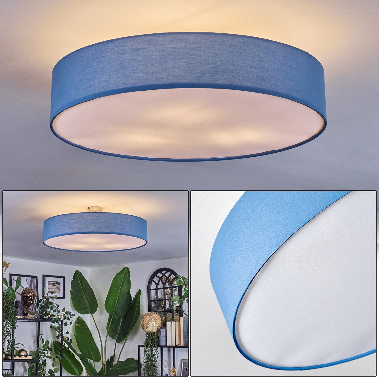 hofstein Deckenleuchte Deckenlampe aus Metall/Stoff/Kunststoff in Nickel-matt/Blau/Weiß, ohne Leuchtmittel, runde Leuchte im modernen Design (60 cm), E27, Esszimmer, Wohnzimmer