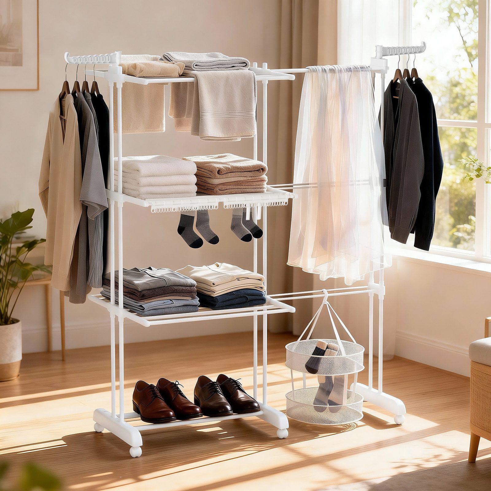 Huracan Wäscheständer Turm 2in1 Klappbar, Wäscheturm, Turmwäscheständer Hoch, Flügelwäscheständer Clothes, 3 Etagen