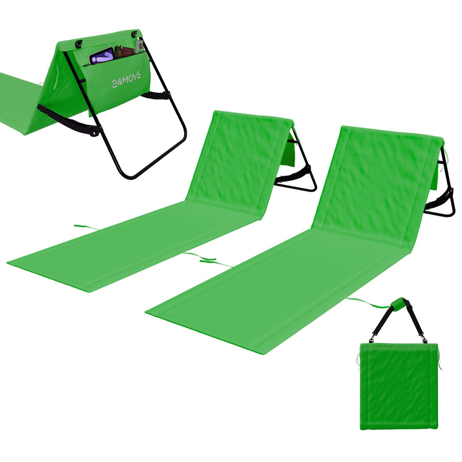 24Move Strandtuch, Strandmatte Set, Klappbare Campingliege, Tragetasche, (für Urlaub oder Garten), faltbar Tasche und Gurt, 2er Set, grün, Strandtuch