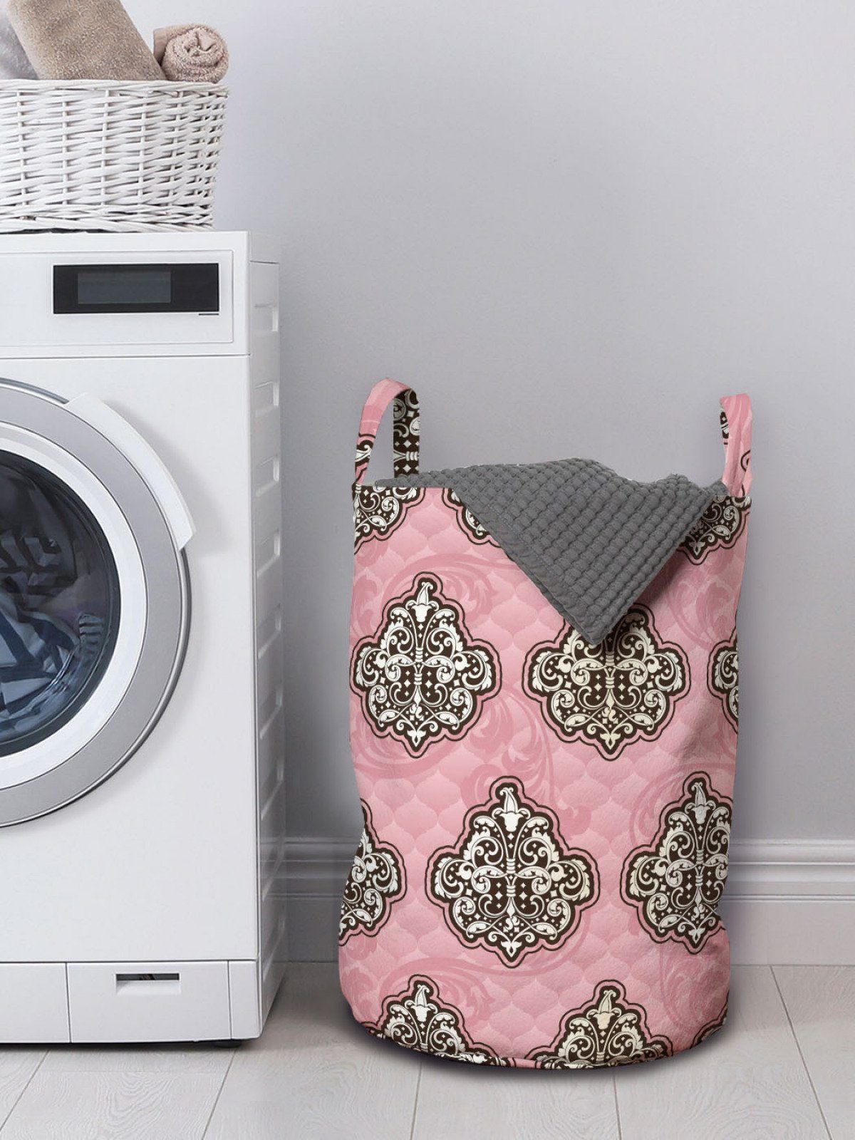 Abakuhaus für Rococo Kordelzugverschluss Waschsalons, Griffen mit Rosa Modernisierten Damast Kunst Wäschesäckchen Wäschekorb