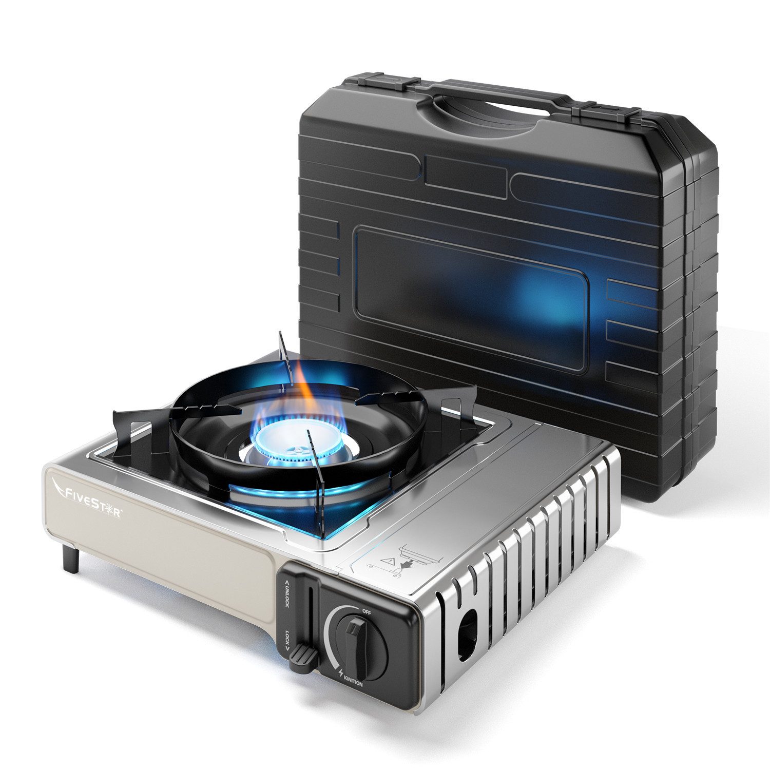 EVOCAMP Gaskocher Camping tragbar 1-flammig für Gaskartuschen 227g mit Piezozündung, (Campingkocher ohne Gaskartuschen, 1-St., Piezo-Zündung, stufenlos regulierbare Flamme, tragbar), perfekt für Outdoor-Aktivitäten