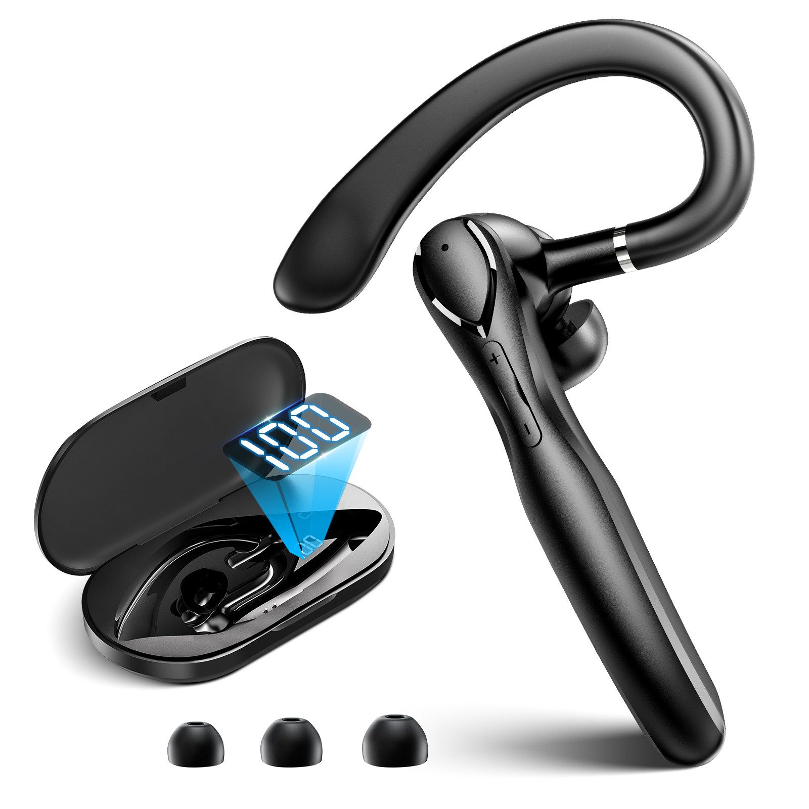 Yuede Headset Bluetooth, Headset mit Dual Mikrofon, Навушники-вкладиші (Ladebox LED Anzeige Freisprechanlage Bluetooth Ohr, 100 Std Akkulaufzeit, Bluetooth 5.3 in ear Навушники mit Dual Mic Geräuschunterdrückung, 360° Rotatable Ear Hook, Ergonomisches Design, Навушники Kabellos Bluetooth für Autofahren/Büro/Geschäft)
