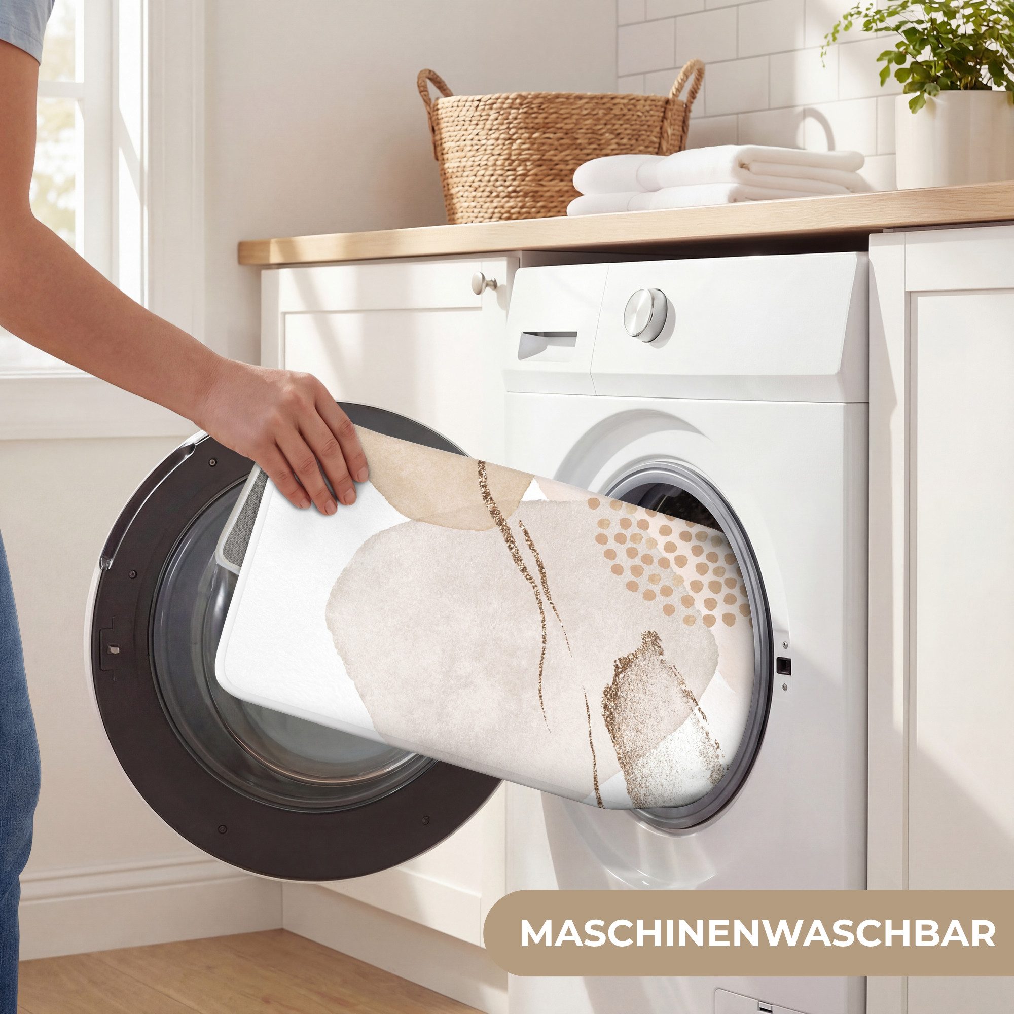 OnlyWow WC-Vorleger Aquarell - Beige - Pastell - Modern - Abstrakt, Höhe 10 mm, Polyester, Rechteckig, WC Teppich, Toilettenvorleger, Toilettenteppich, Badematt – Bild 5 von 5