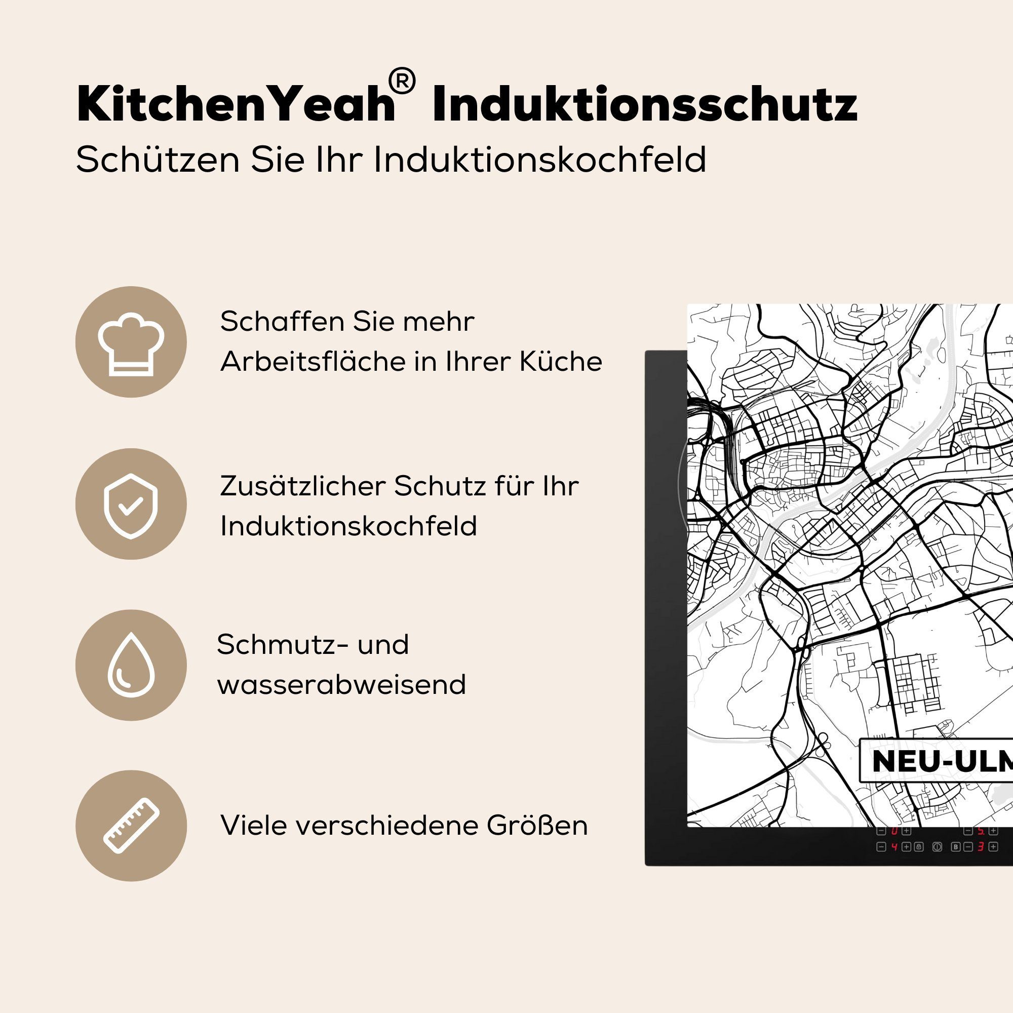 MuchoWow Herdblende-/Abdeckplatte Neu-Ulm - Stadtplan 78x78 Ceranfeldabdeckung, Vinyl, Karte Wegbeschreibung, für cm, - tlg), küche - (1 Arbeitsplatte