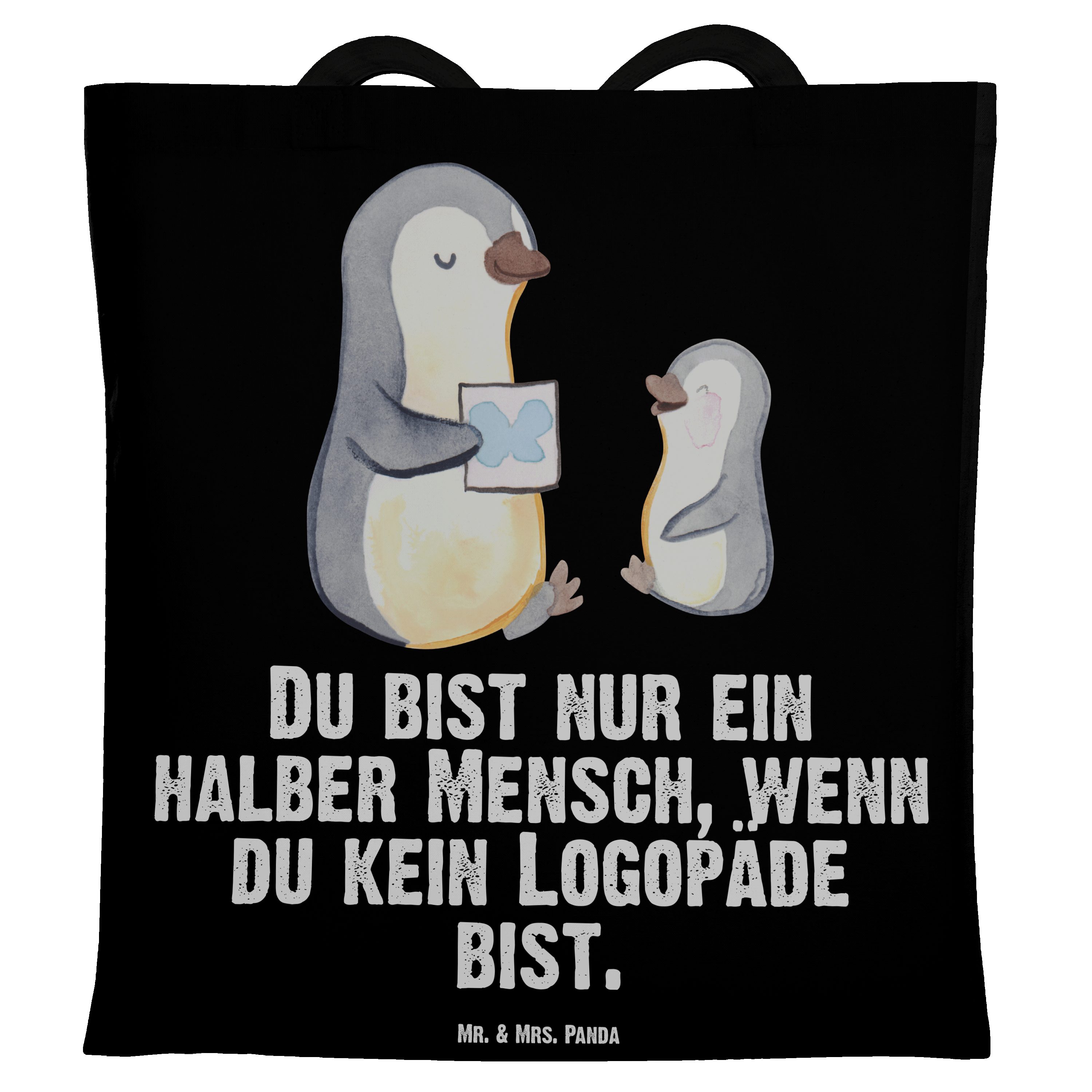Mr. & Mrs. Panda Tragetasche Logopäde mit Herz - Schwarz - Geschenk, Beuteltasche, Beutel, Beruf, (1-tlg)