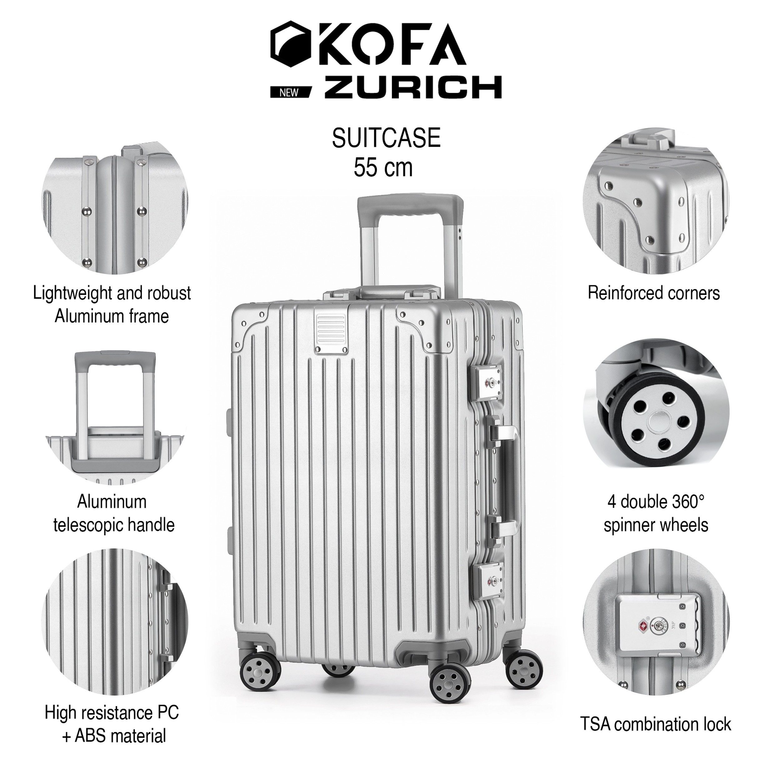 KOFA Handgepäckkoffer ZURICH, 55cm Alu-Rahmen & Polycarbonat-Hartschale, 4 Rollen, TSA Schloss