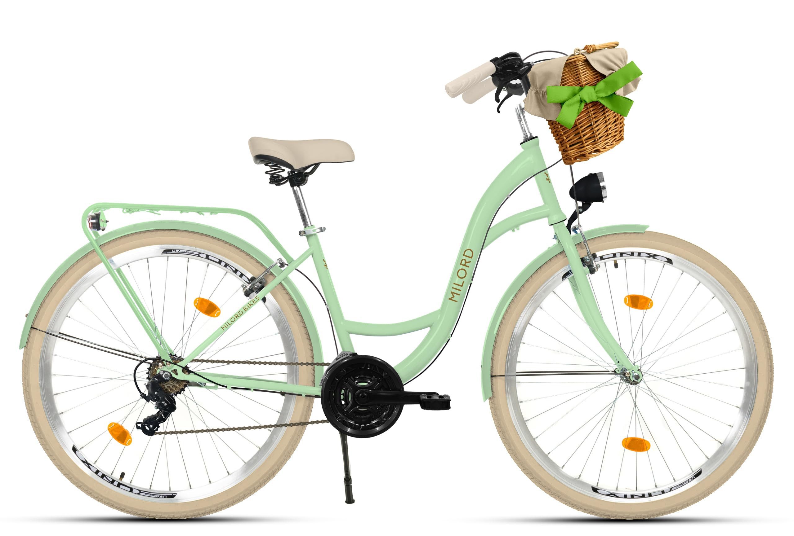 Milord Cityrad Damenfahrrad Citybike Mit Weidenkorb Vintage, 26/28 Zoll, 21-Gang, 21 Gang, (Fahrradständer, Gepäckträger, Klingel, Korb, Kotflügel)