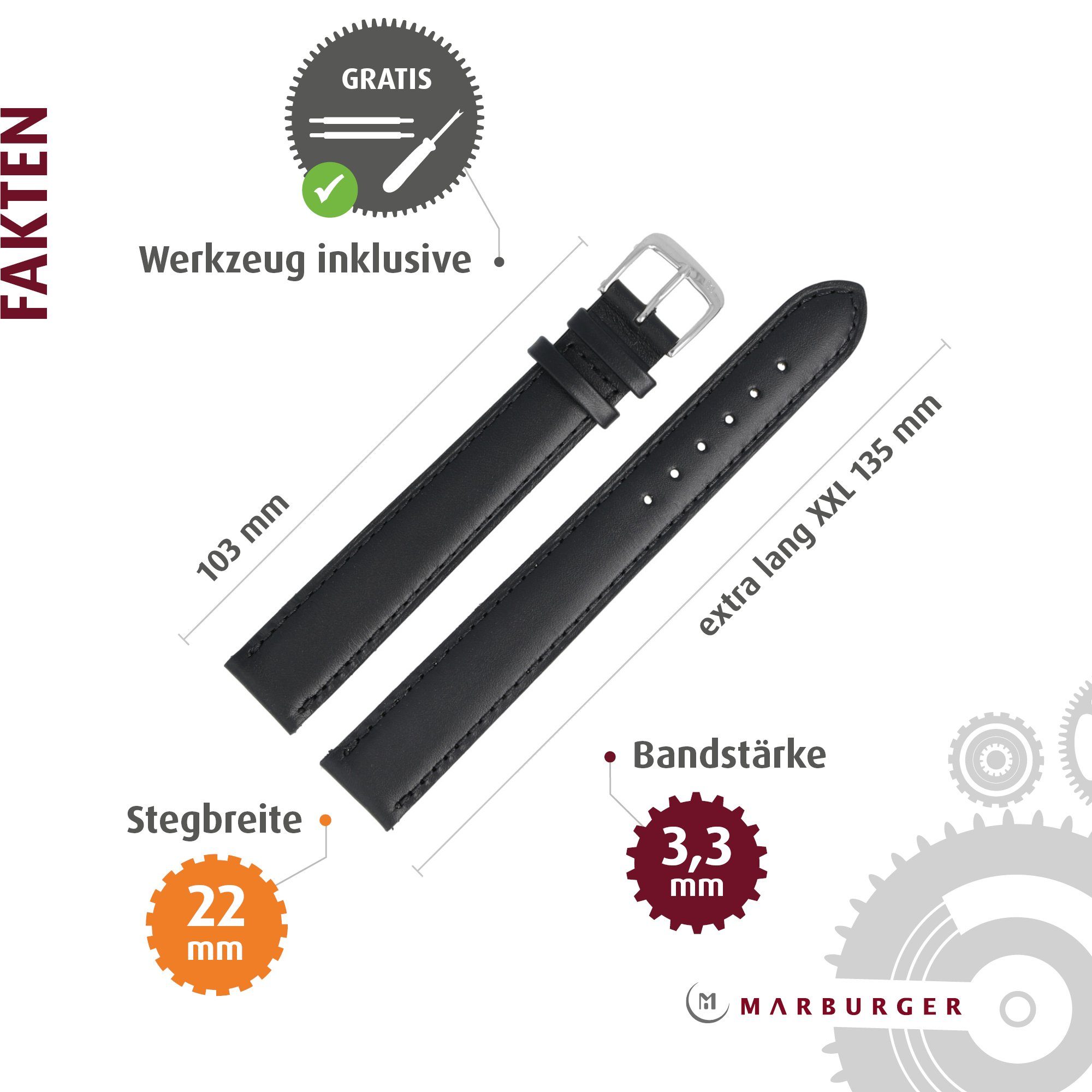MARBURGER Uhrenarmband 22mm Leder XXL Extra Lang