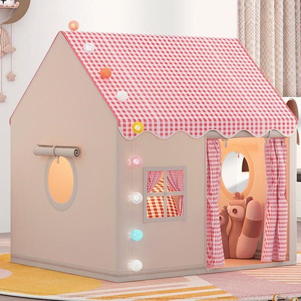 CAVEEN Spielzelt Kinderzelt Spielhaus mit LED-Lichterkette und Baumwollmatte 120×105×128 cm