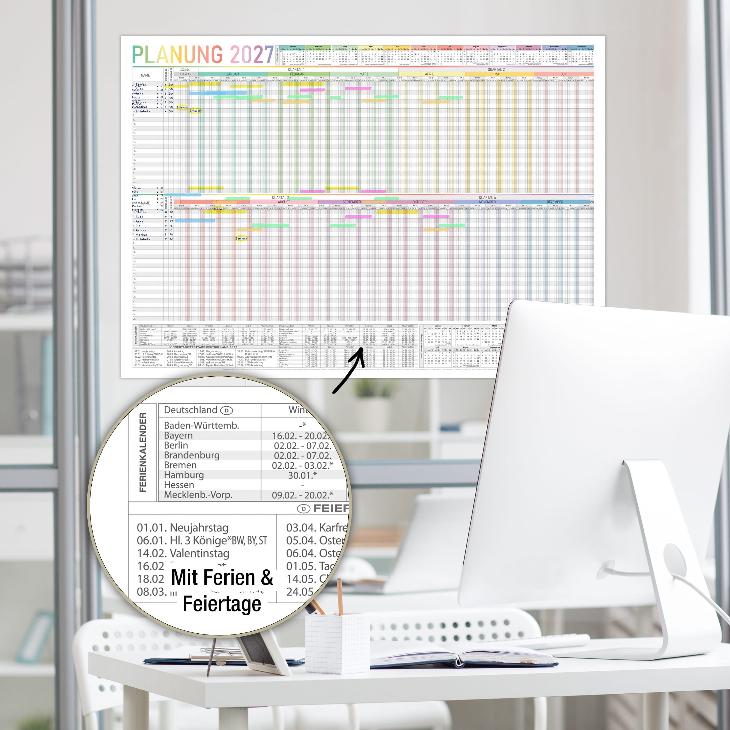 TOBJA Wandkalender Urlaubsplaner 2027 A1 Bunt – XXL Wandkalender 25 Personen, A1 XXL, 25 Personen, Regenbogen, Ferienübersicht – Bild 5 von 5