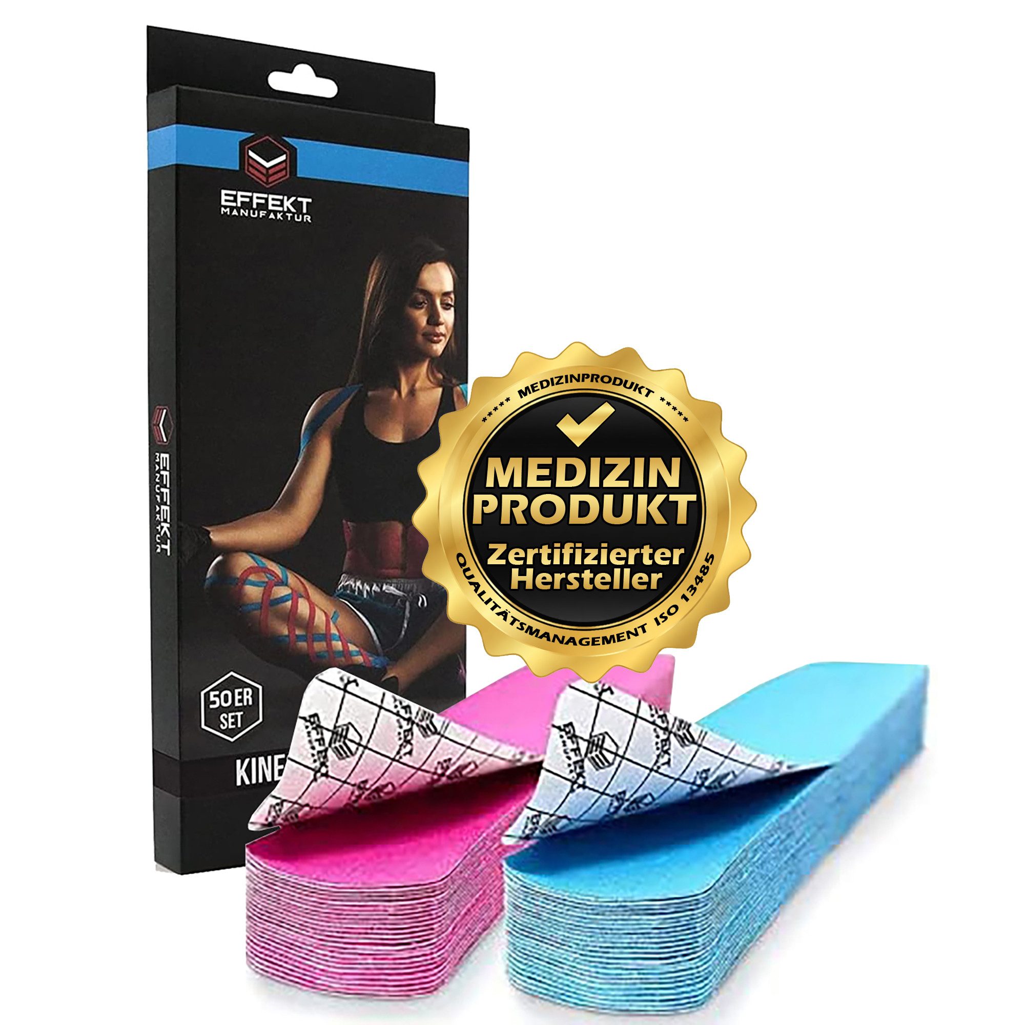 Effekt Manufaktur Kinesiologie-Tape PRECUT 25x5cm - blau/pink (2x25 Streifen) (50-St) 50-60 % Dehnbarkeit