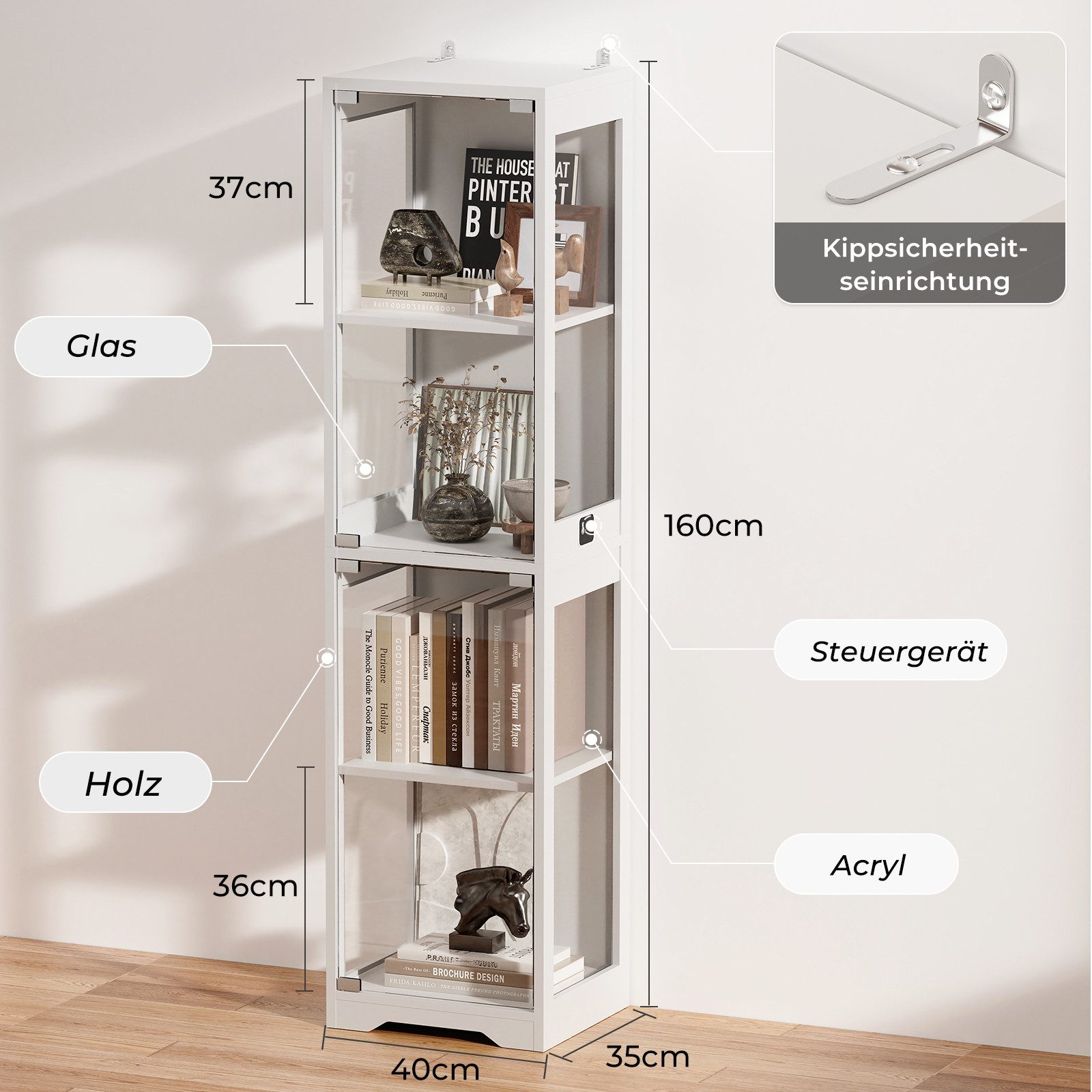 BROTTAR Glasvitrine Ausstellungsschrank mit Glastür, 4-stufiger Kuriosekabinett (1-St) Helligkeitsregelung, einfacher Aufbau mit Kippschutz – Bild 4 von 5
