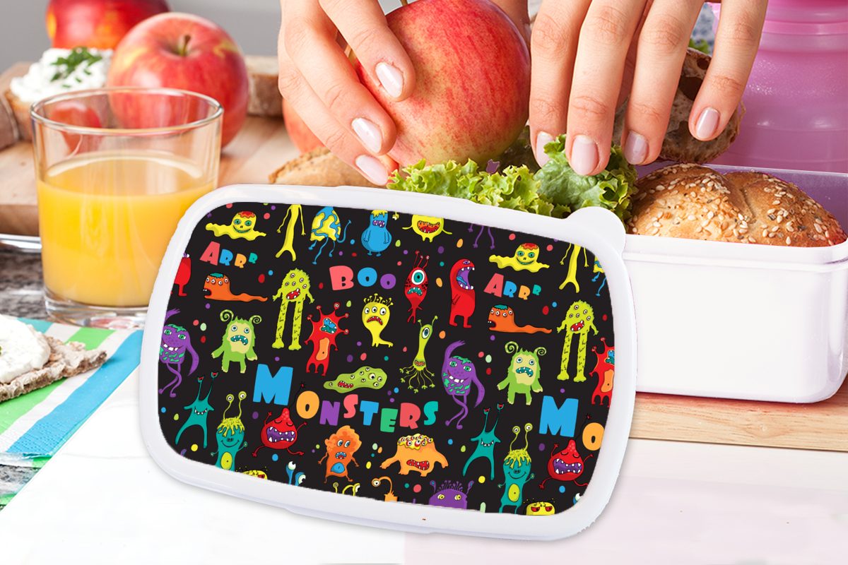 MuchoWow Lunchbox Design - Kunststoff, Kinder, Monster Kinder Brotbox für und (2-tlg), weiß Erwachsene, - Brotdose, Jungs Mädchen - und für Party