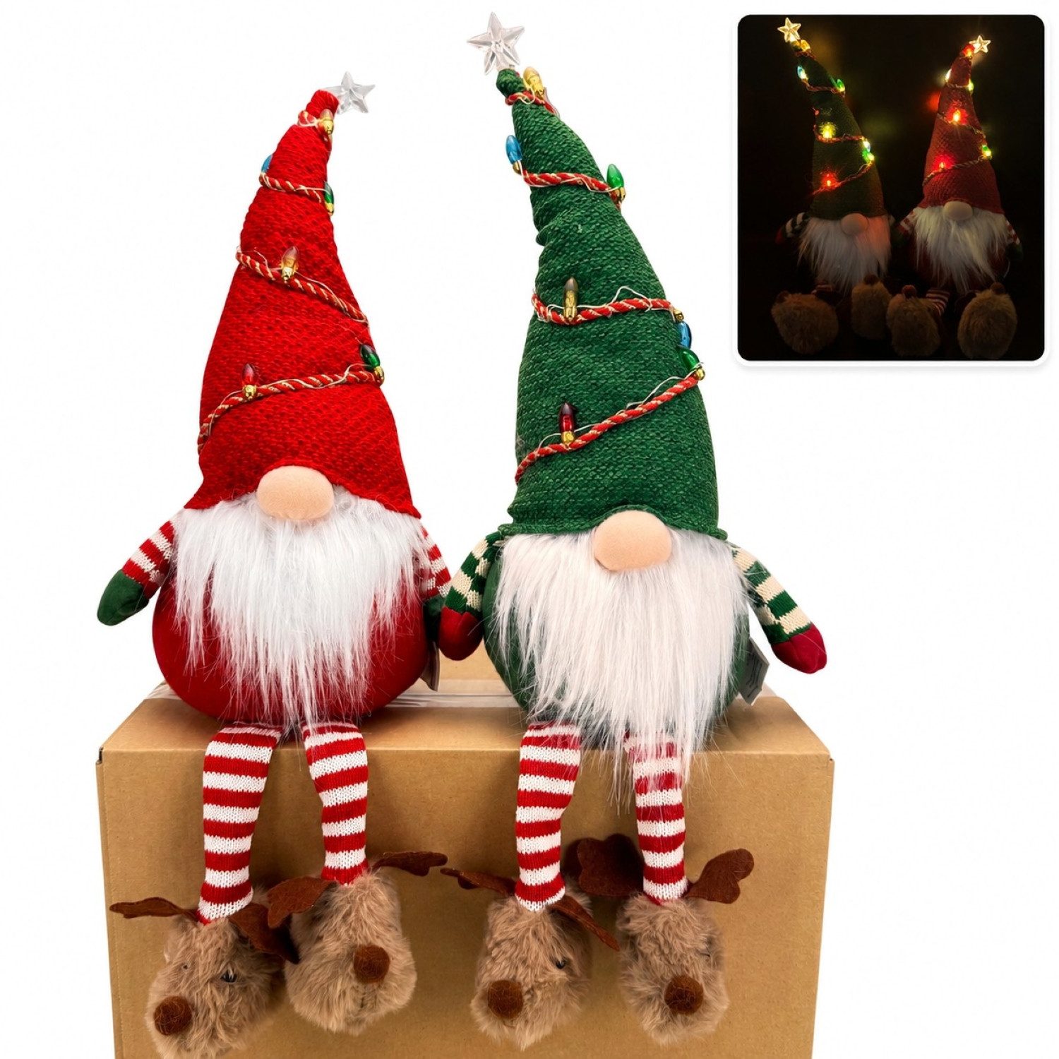 Online-Fuchs Dekofigur 2er Set Wichtel, Kantenhocker mit LED-Beleuchtung - Weihnachtsdeko (süße Rentier Hausschuhe, Lichterkette mit 8 bunten Glühbirnen), praktische 6-Stunden Timerfunktion - 53 cm groß