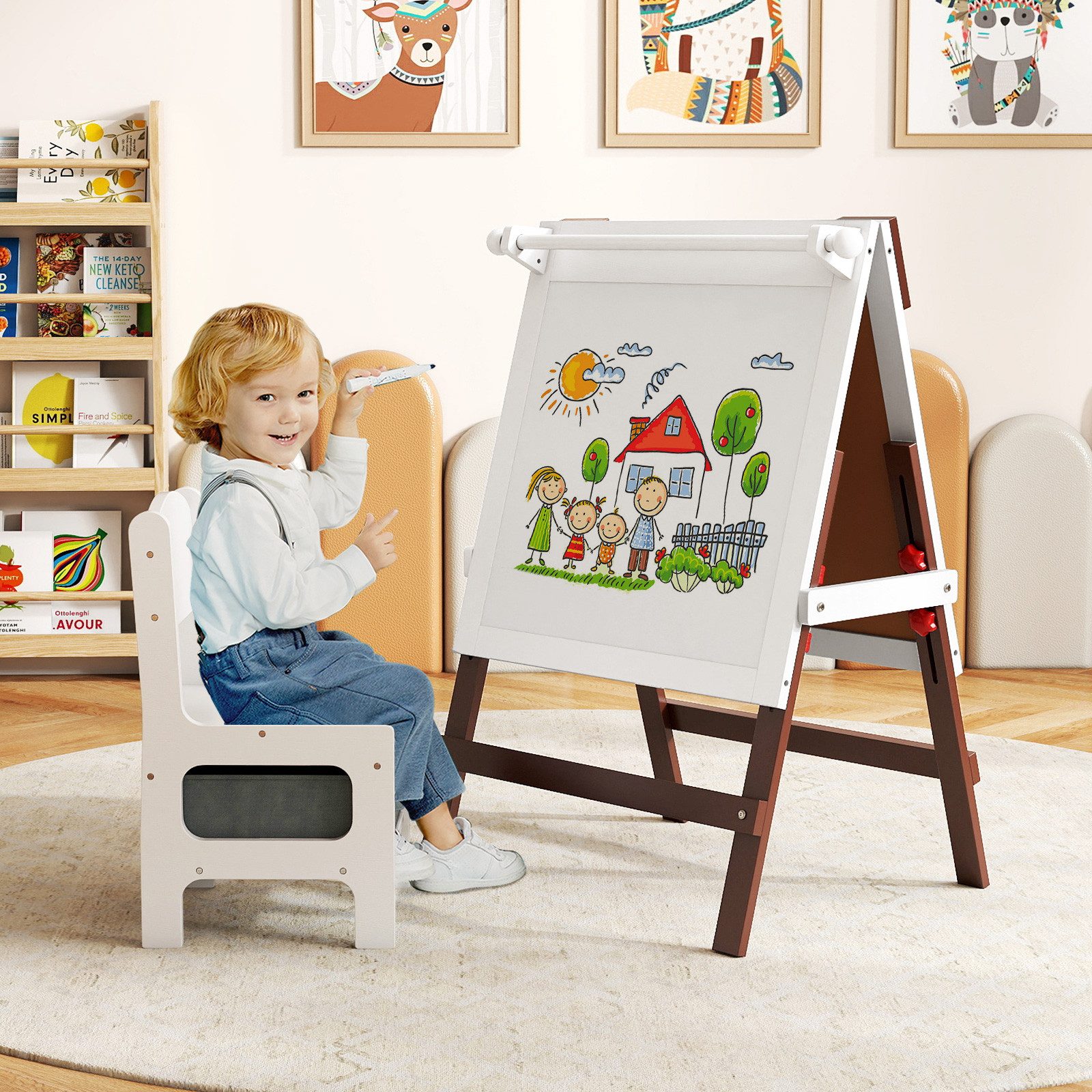 COSTWAY Standtafel, Höhenverstellbare Kinder Doppelseitige Staffelei mit Stuhl
