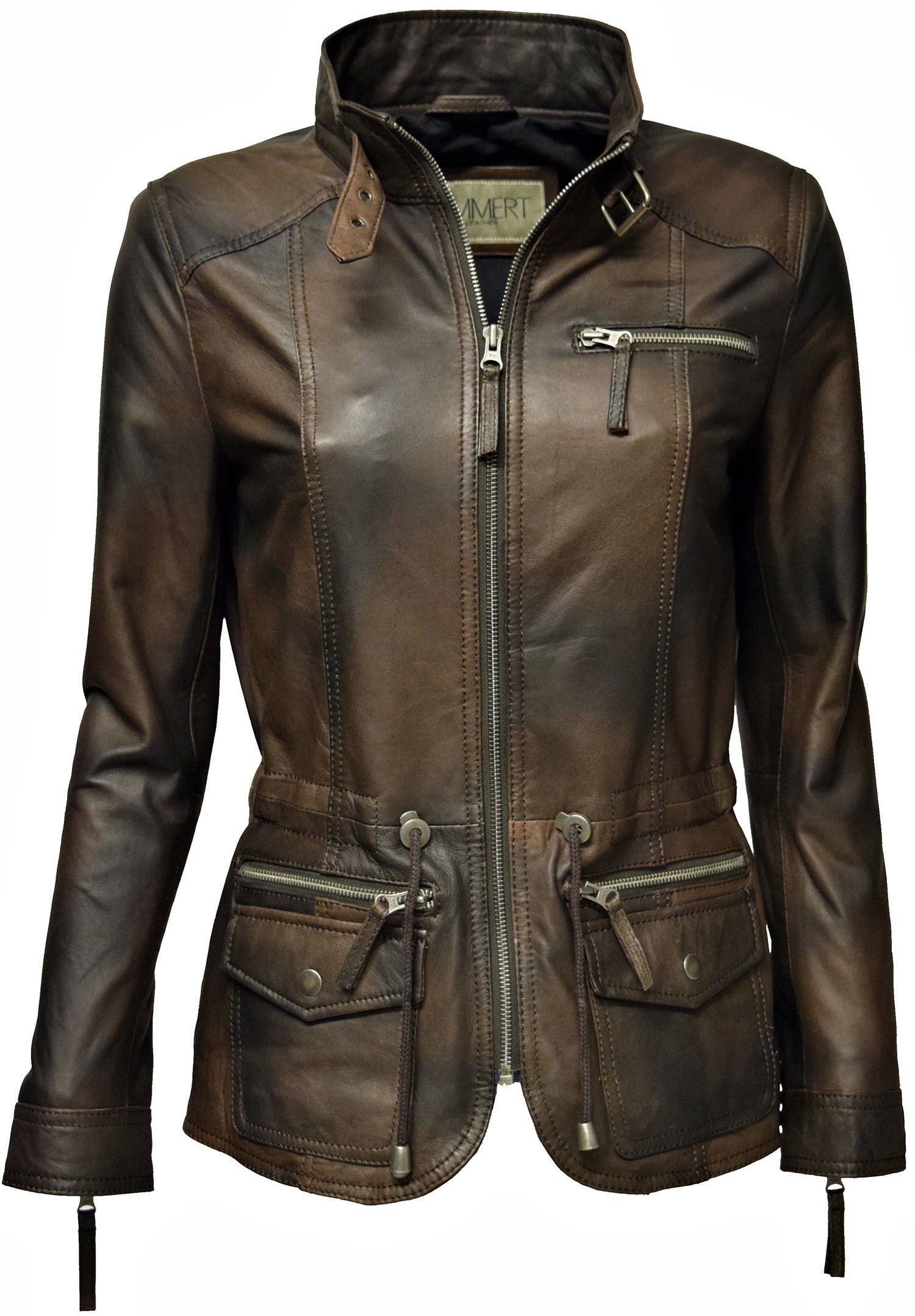 mit Leder Lana Zimmert Leather Lederjacke Camobraun Stehkragen, weiches