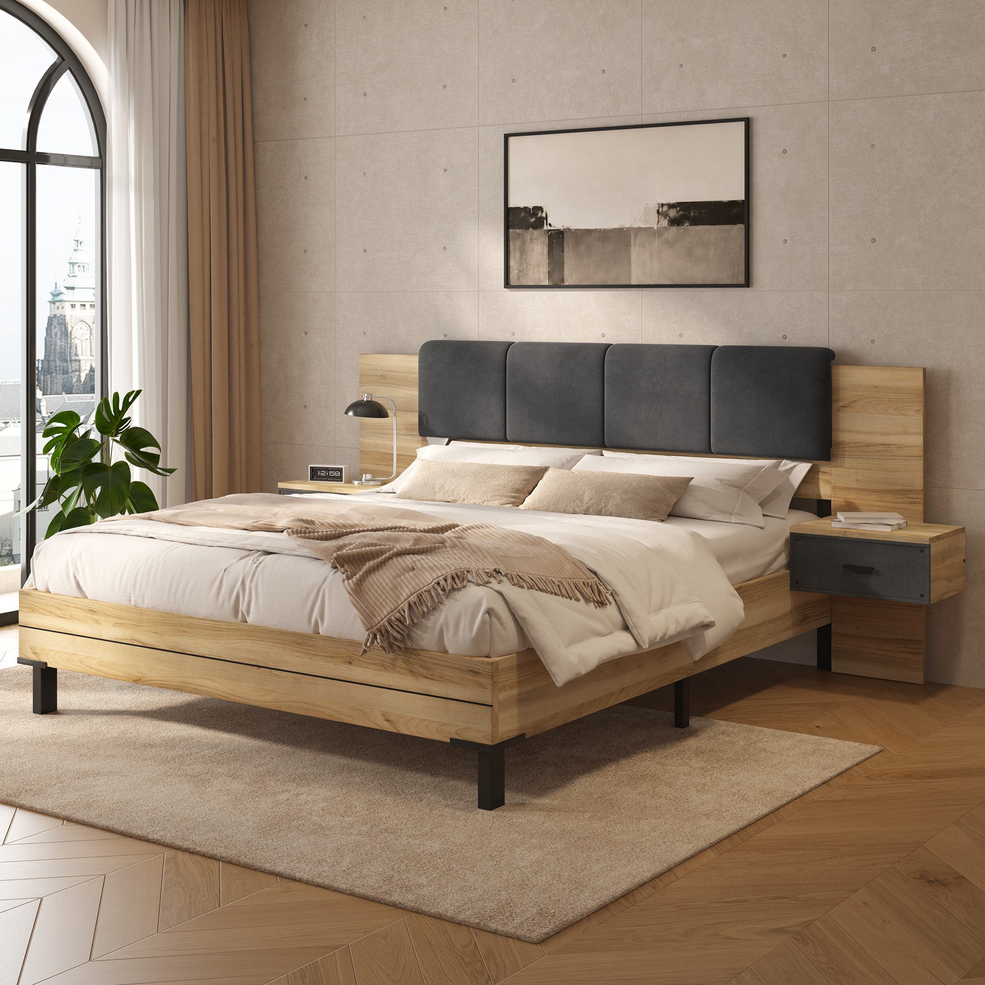 AMERLIFE Bett 140x200 & 160x200 cm mit Polsterkopfteil und Ablage, Holzoptik (1-tlg), mit Bettkasten, 160x200