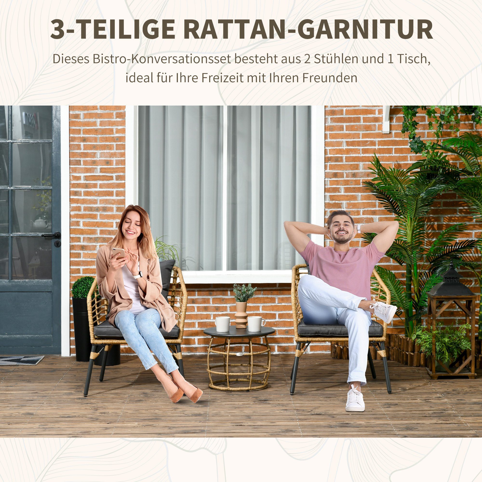 Outsunny Sitzgruppe Rattan Bistro-Set, Stühlen (Set, 3-tlg., 3-teiliges Gartenmöbel-Set), Tisch mit 2 wetterbeständig