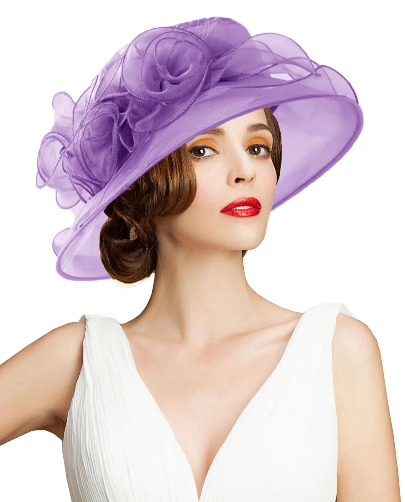 Bwecuy Sonnenhut Damenhut mit breiter Krempe, Blumen- und Blattdekor ideal für Hochzeit, Kirche und Tea Party