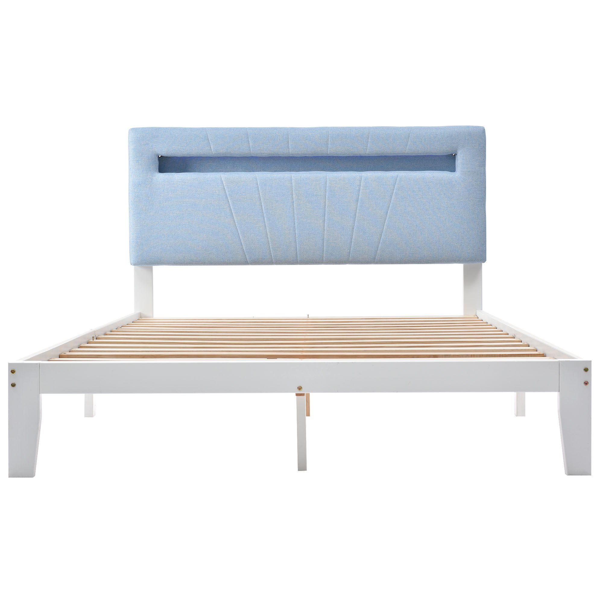 Massivholzbett (Doppelbett Jugendbett), mit LED-Beleuchtung & Polsterkopfteil, 140x200cm