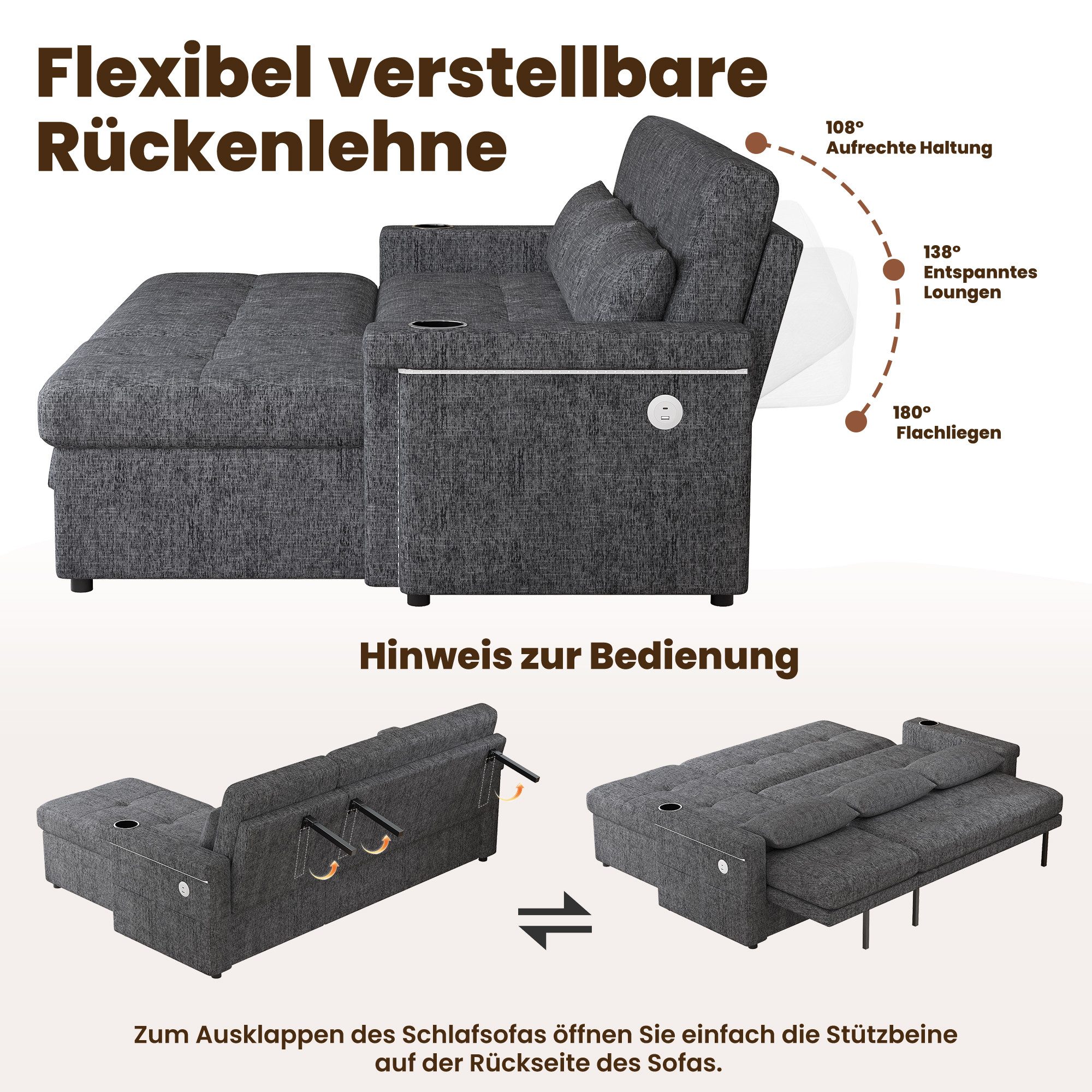 Merax Schlafsofa mit LED-Beleuchtung & USB, Ecksofa mit Schlaffunktion, Chenille 1 Teile, L-förmiges Sofa mit verstellbarer Rückenlehne, Stauraum & 3 Zierkissen