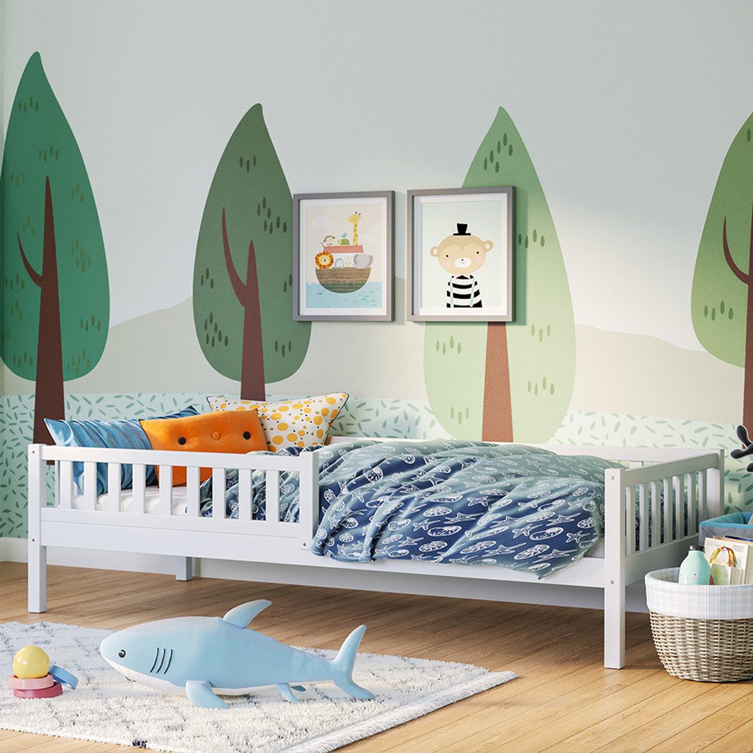 Bellabino Kinderbett Vils 90x200 cm mit Rausfallschutz, Lattenrost, Kiefer Massivholz (weiß, optional mit Matratze)