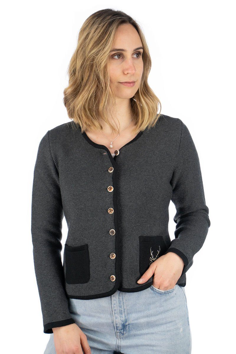 OS Trachten Strickjacke Enkeyo Trachtenjacke mit aufgesetzten Taschen, Hirsch-Stick auf linker Brust