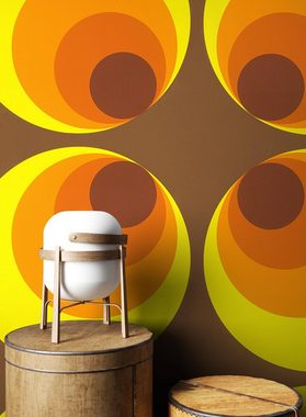 Newroom Vliestapete, Braun Tapete Retro Grafisch - Mustertapete Retrotapete Gelb Orange Grafisch Modern Kreise 70er für Wohnzimmer Schlafzimmer Flur