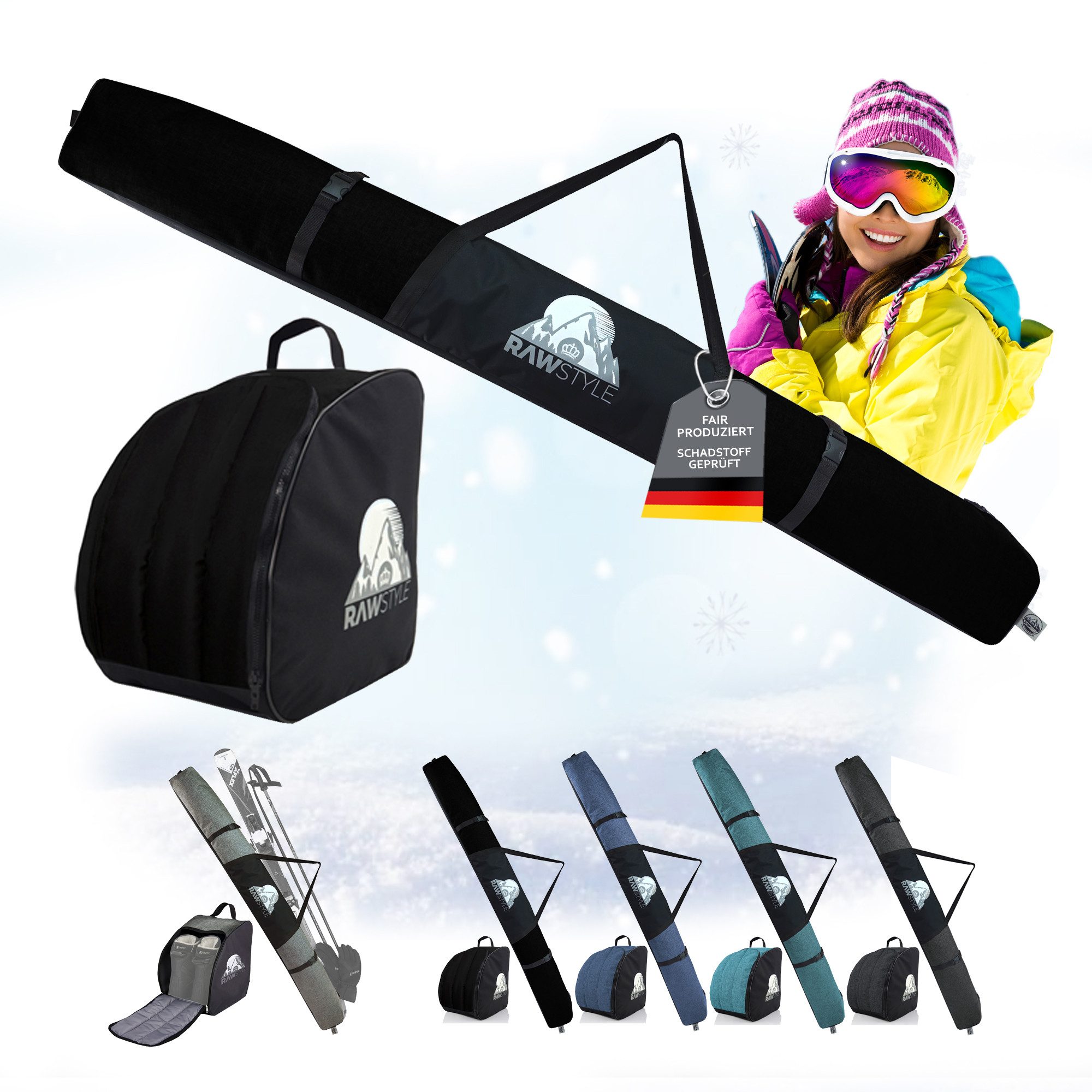 BambiniWelt by Rafael K. Skitasche Skitasche Ski-Schuh-Tasche KOMBI SET 160cm oder 180cm wasserdicht Mod3 (Skitasche und Skischuhtasche), wasserdichtes, starkes Cordura-Gewebe