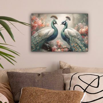OneMillionCanvasses® Leinwandbild Pfaue - Pfauenfedern - Vögel - Natur, (1 St), Leinwand Bilder Klein, Wand Dekoration 30x20 cm