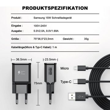 neue dawn 15W USB Ladegerät für Samsung S10 S10+ S9 S9+ A42 A14 A31 A22 A04S USB-Ladegerät (2 * Ladekabels (Typ C + Mirco USB), 1-tlg., 1, Xcover6 Pro M52 M40 Note 10 A03S)