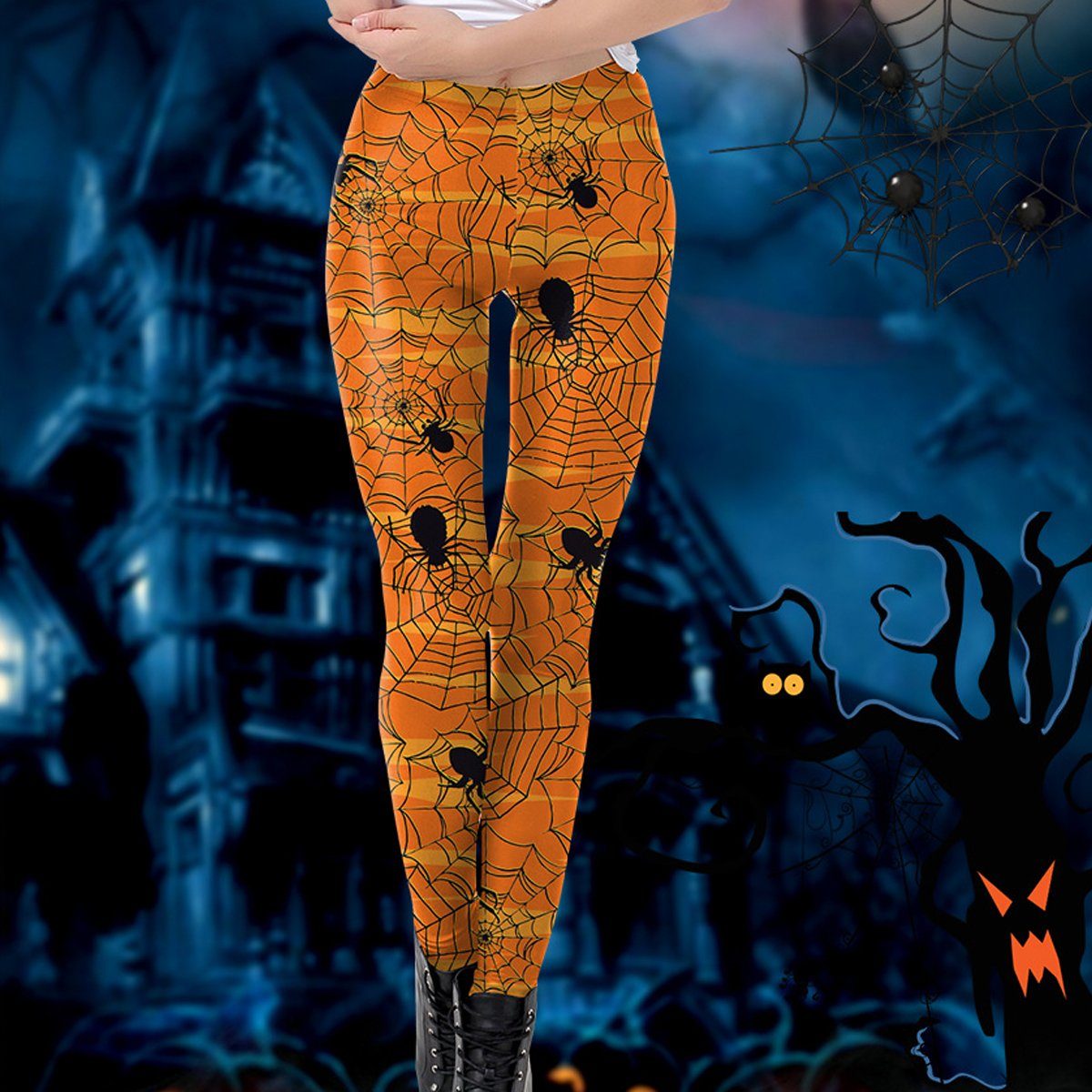 Jormftte Leggings Orange3 bedruckte,dehnbare Highwaist Frauen Spinnennetz Leggings Bedruckte Leggings,für
