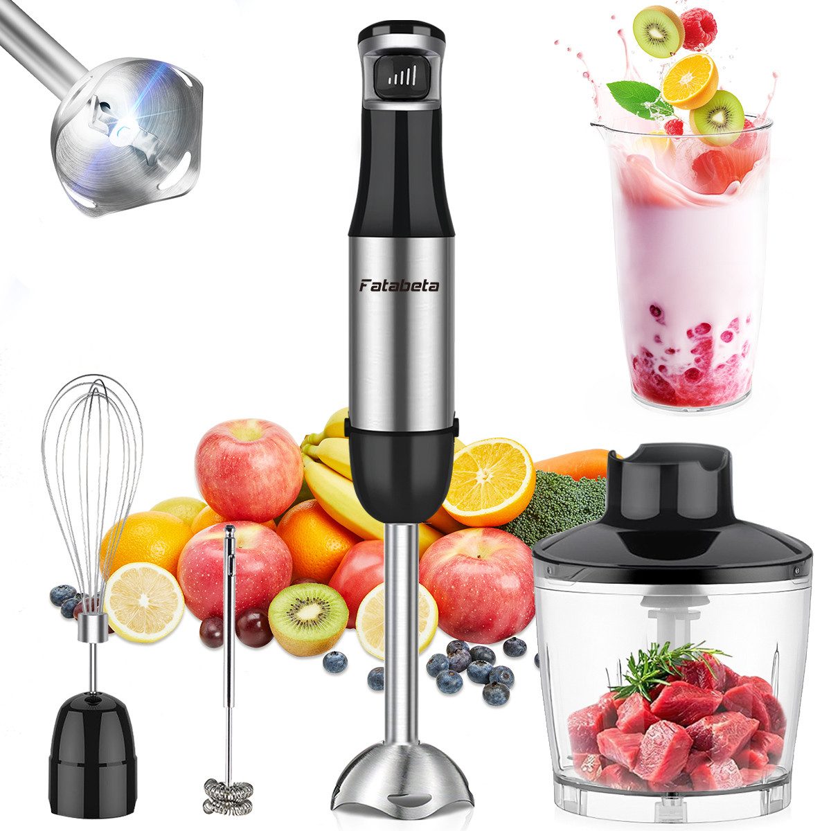 7MAGIC Stabmixer Elektrischer Stabmixer Set 5 in 1 Pürierstab Edelstahl Handmixer, 800 W, Stabmixer Variable Geschwindigkeiten für Babynahrung, Suppe, Smoothie