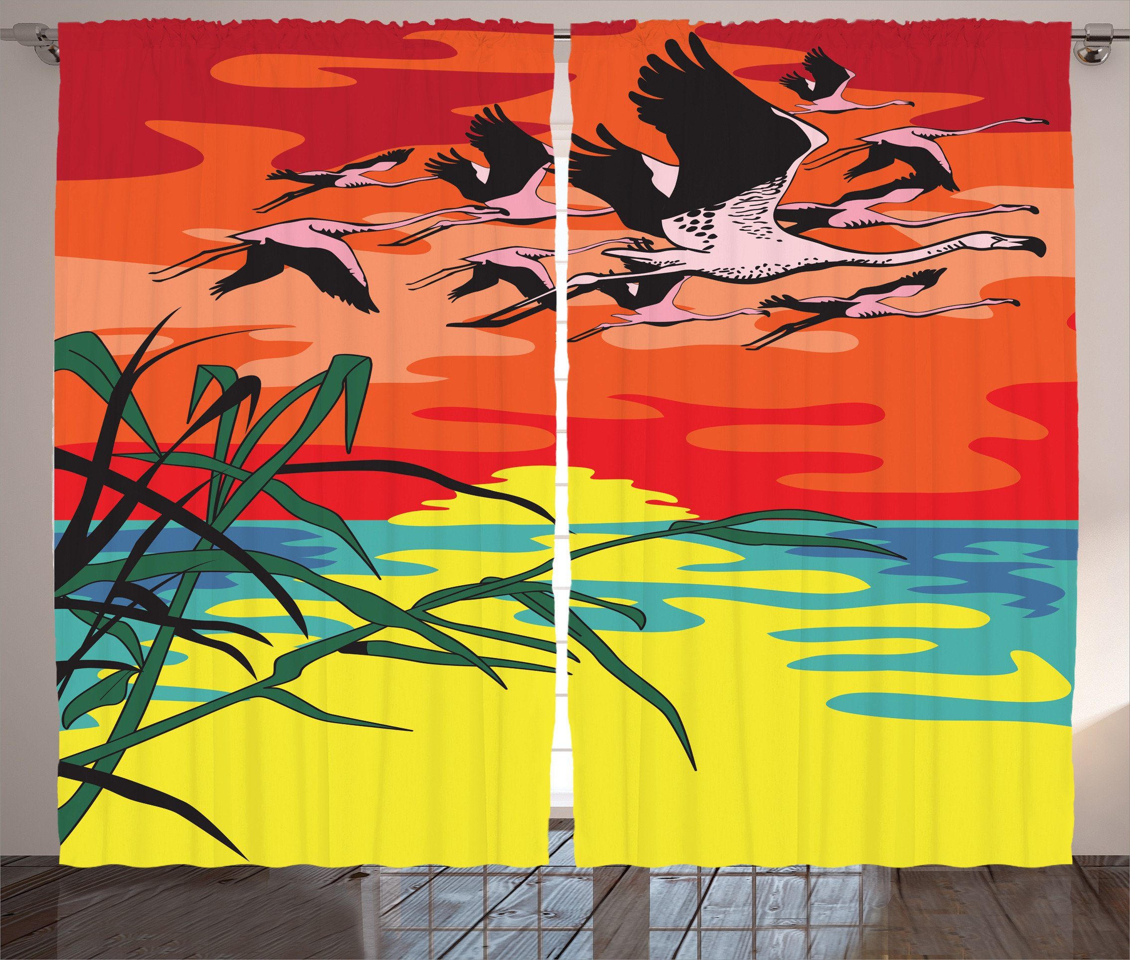 Gardine Flamingo Vorhang Schlaufen Luft Haken, Schlafzimmer Abakuhaus, Kräuselband mit Kunst der und Vögel in
