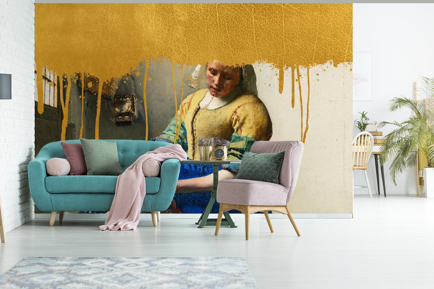 MuchoWow Fototapete Milchmädchen für - Vermeer, Schlafzimmer, Tapete - Wohnzimmer, bedruckt, Kinderzimmer, Matt, St), Gold Wallpaper (6 Vinyl