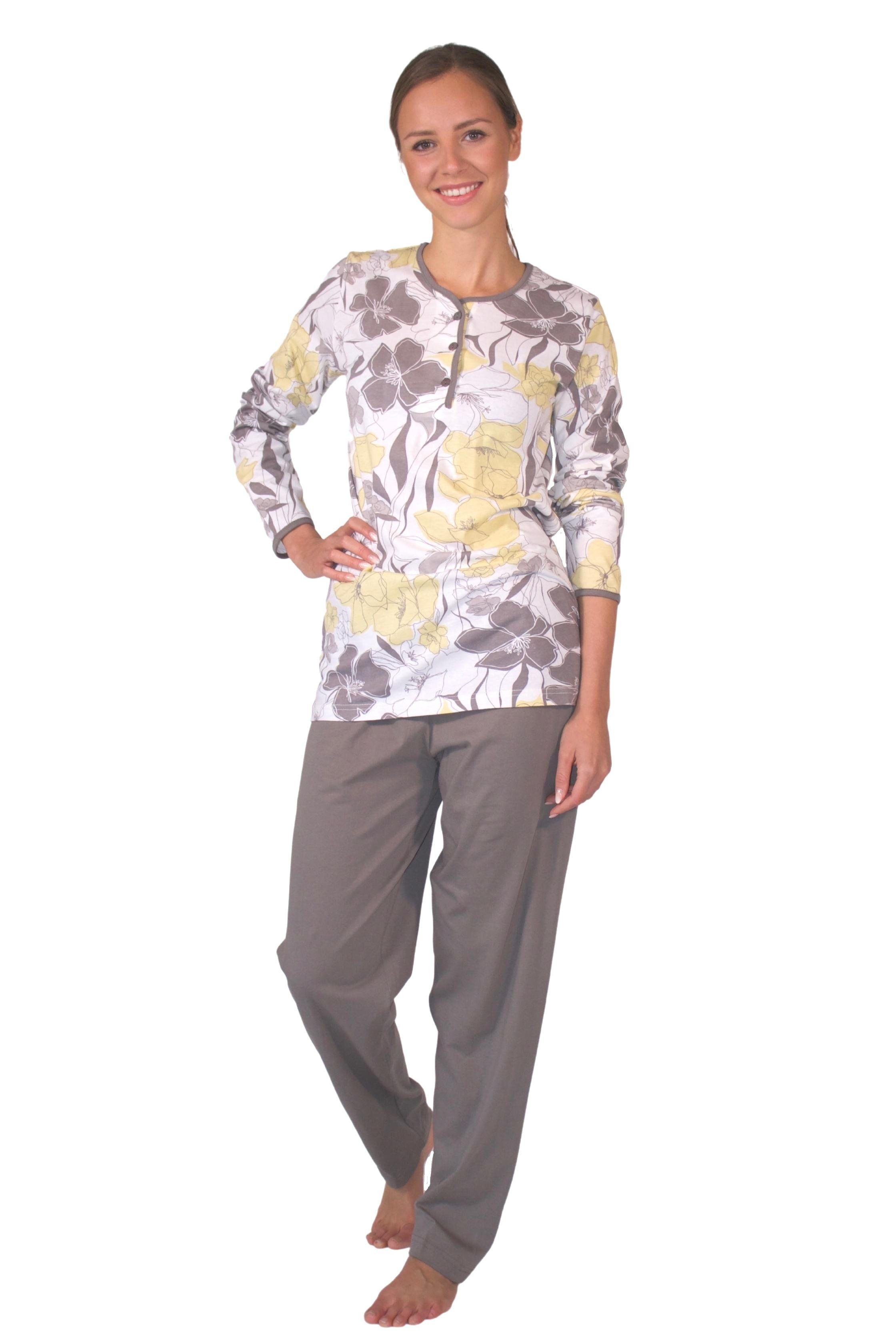 Consult-Tex Pyjama Damen Pyjama Schlafanzug DF267 (Spar-Set, 1 Set) Alloverdruck, Knopfleiste stone