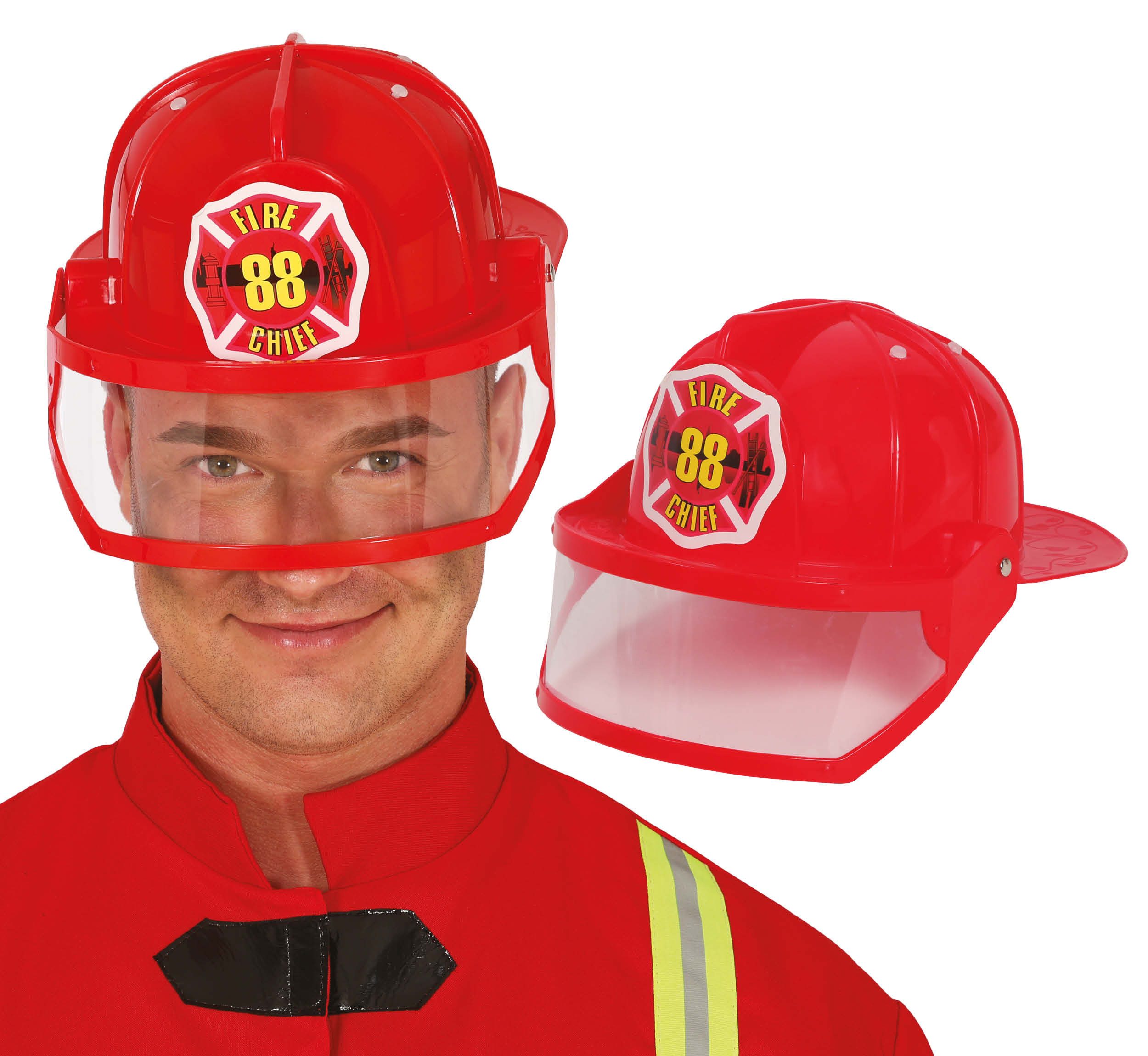 Fiestas Guirca Kostüm, Feuerwehrprofi Helm Rot Kostüm Karneval Schutzfiasko Visier Abenteuer