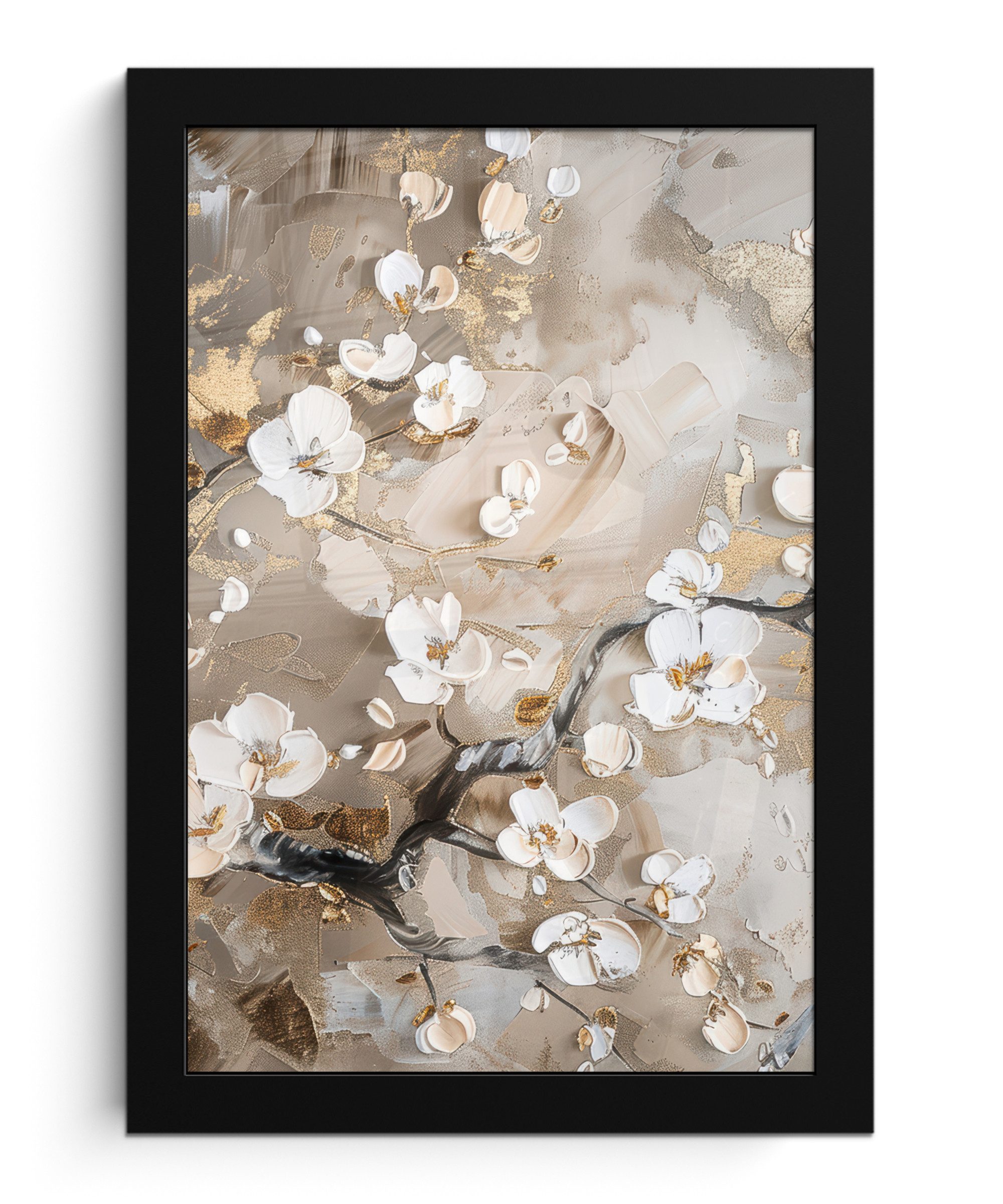 MuchoWow Poster Blumen - Weiß - Gold - Beige - Luxus, (1 St), Bilderrahmen, Zimmer Deko, Bild für Wohnzimmer, 20x30 cm