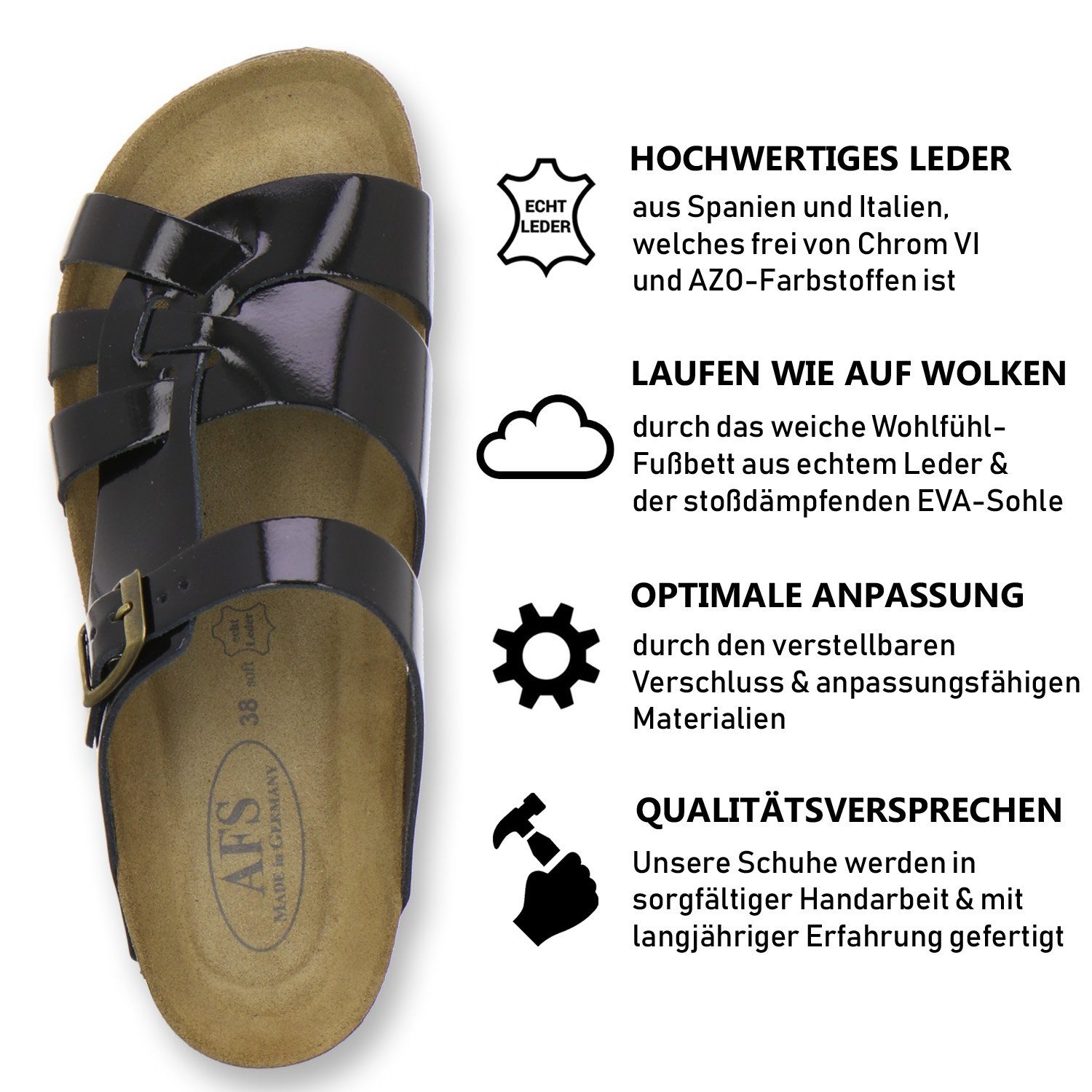 AFS-Schuhe 2122 Pantolette für Damen Lackleder aus schwarz mit Germany Fussbett, Leder Made in