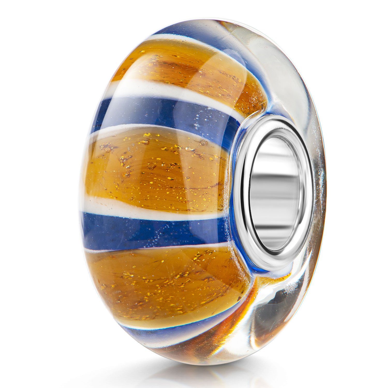 Materia Bead Glasperle Streifen Glitzer Blau Weiß Orange Silber 509, Hülse aus 925 Sterling Silber