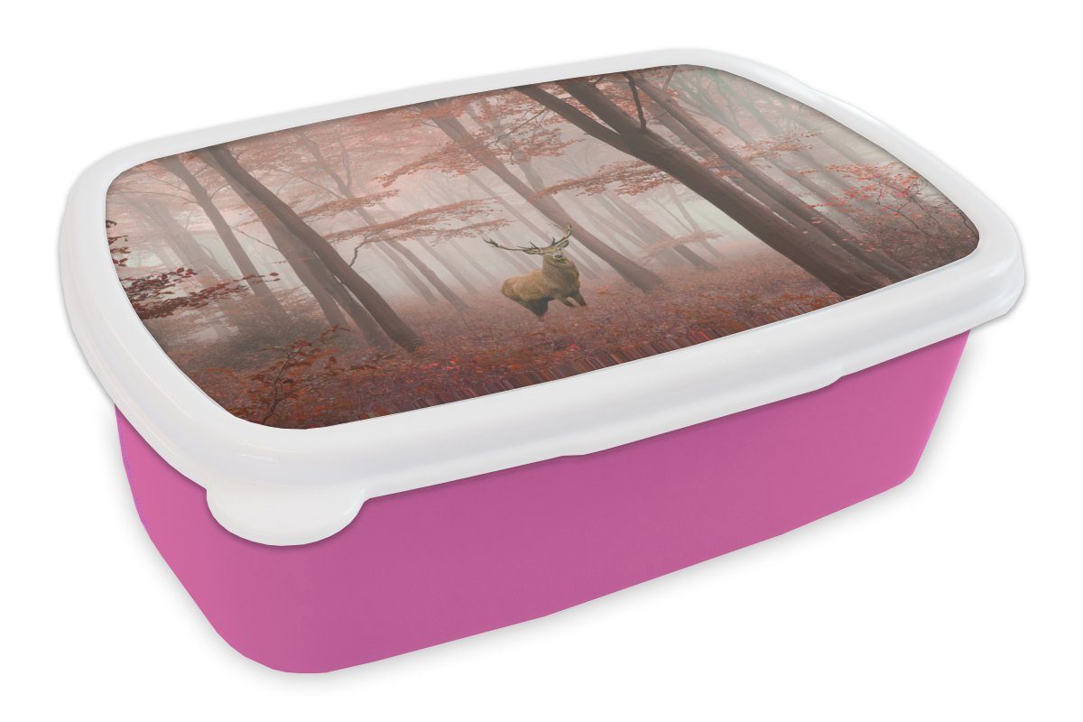 Kunststoff, Lunchbox Herbst, Brotbox MuchoWow (2-tlg), für - Kinder, Hirsche Snackbox, Mädchen, Erwachsene, Rot Brotdose Kunststoff Wald - - rosa