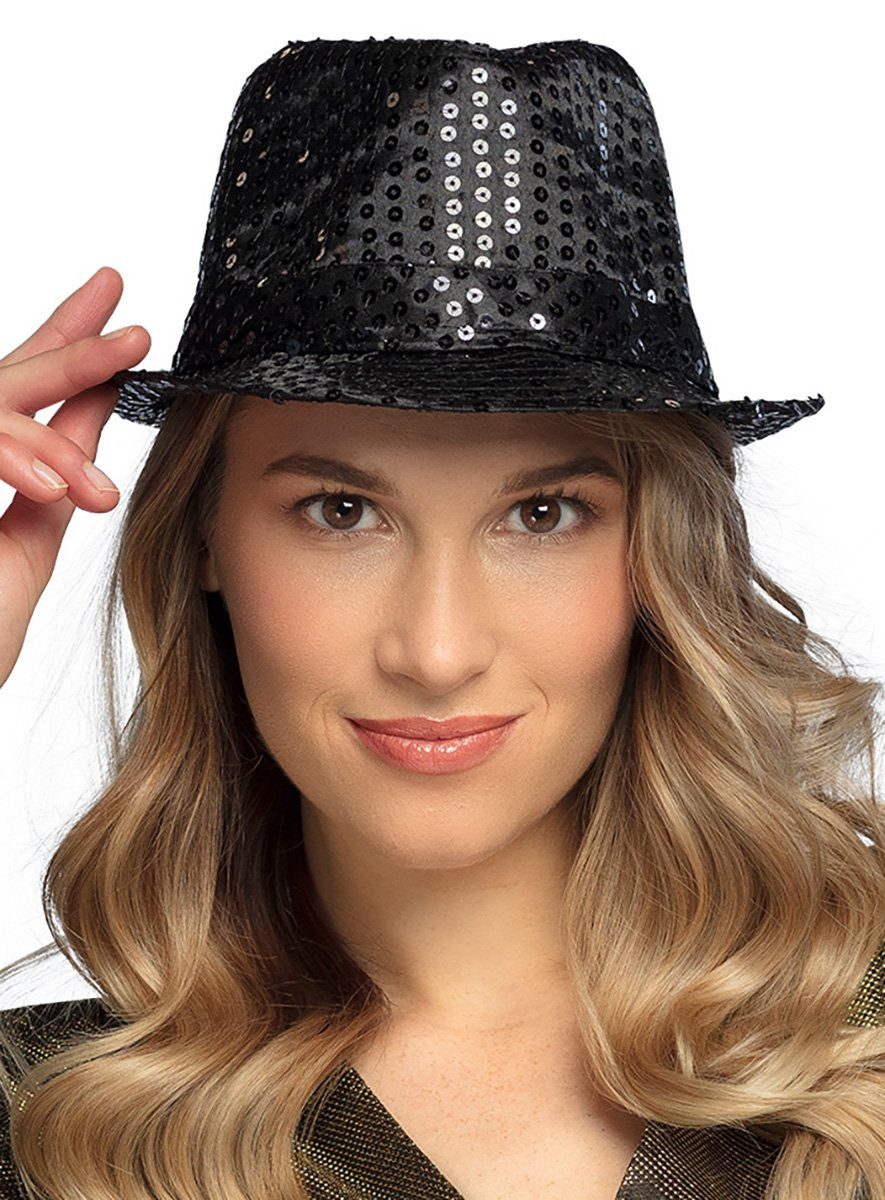 Smiffys Kostüm Glitzerhut schwarz, Paillettenhut für Silvester, Bühne oder Showeinlage