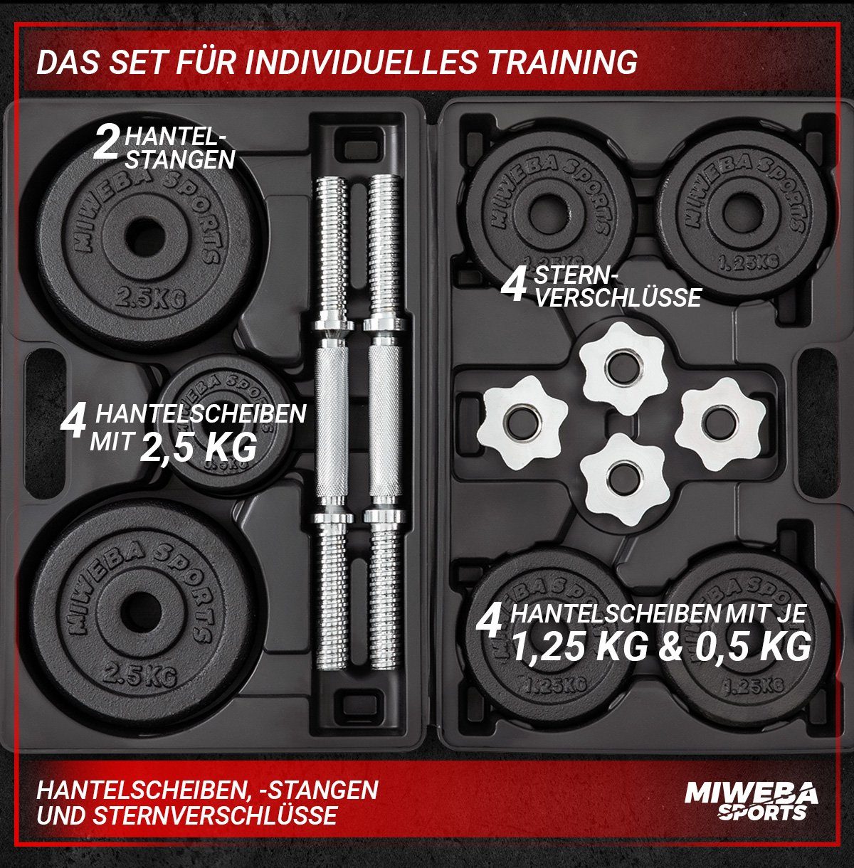 Miweba Sports Hantel-Set Profi Hantel Set MKH120 inkl. Transportkoffer - 20 kg, (Sternverschlüsse - Hantelstangen - Gusseisen & Stahl - rutschfest - Muskelaufbau - Sport - Workout, 2 x 10 kg, 12 Hantelscheiben), 19 teilig - Fitness Training Krafttraining Kurzhantel Set Gewichte