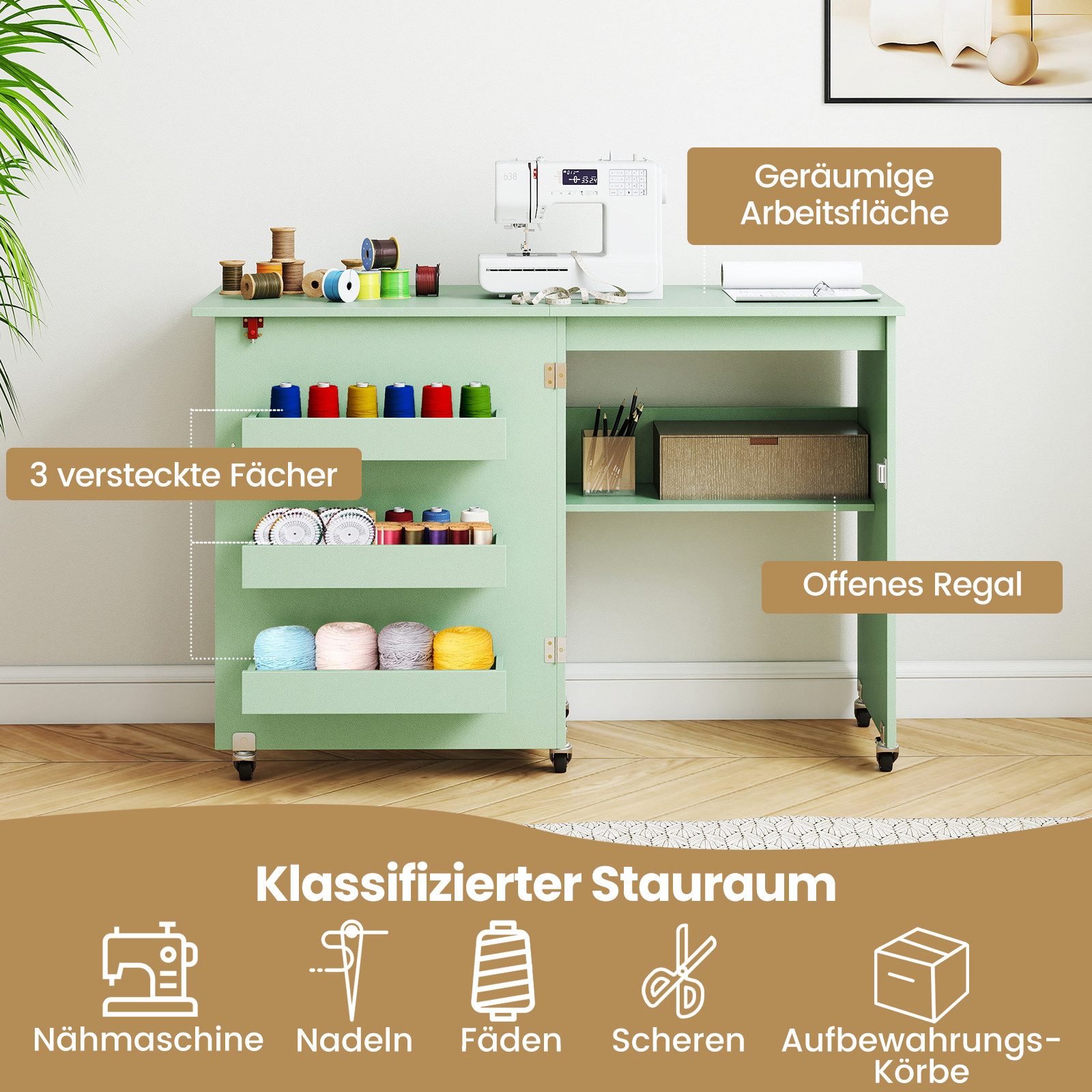 COSTWAY Schreibtisch, Nähtisch klappbar, Nähschrank mit Rollen, Holz