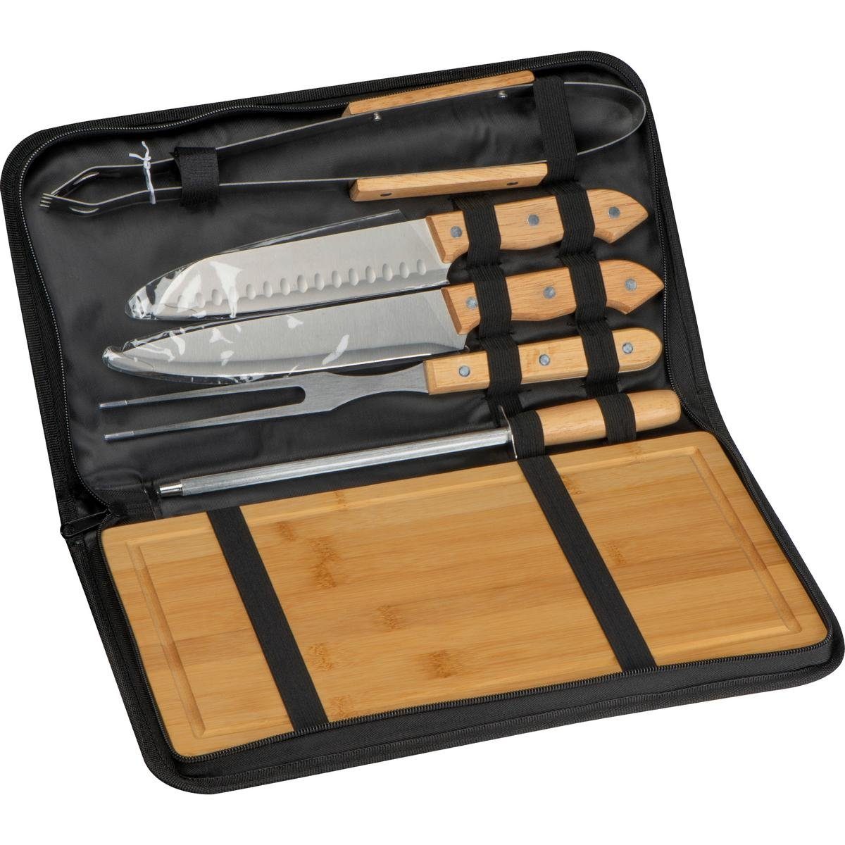 Macma Schneidebrett BBQ Set / mit Holzbrett, Messern, Grillzange, Fleischgabel, Messerschä
