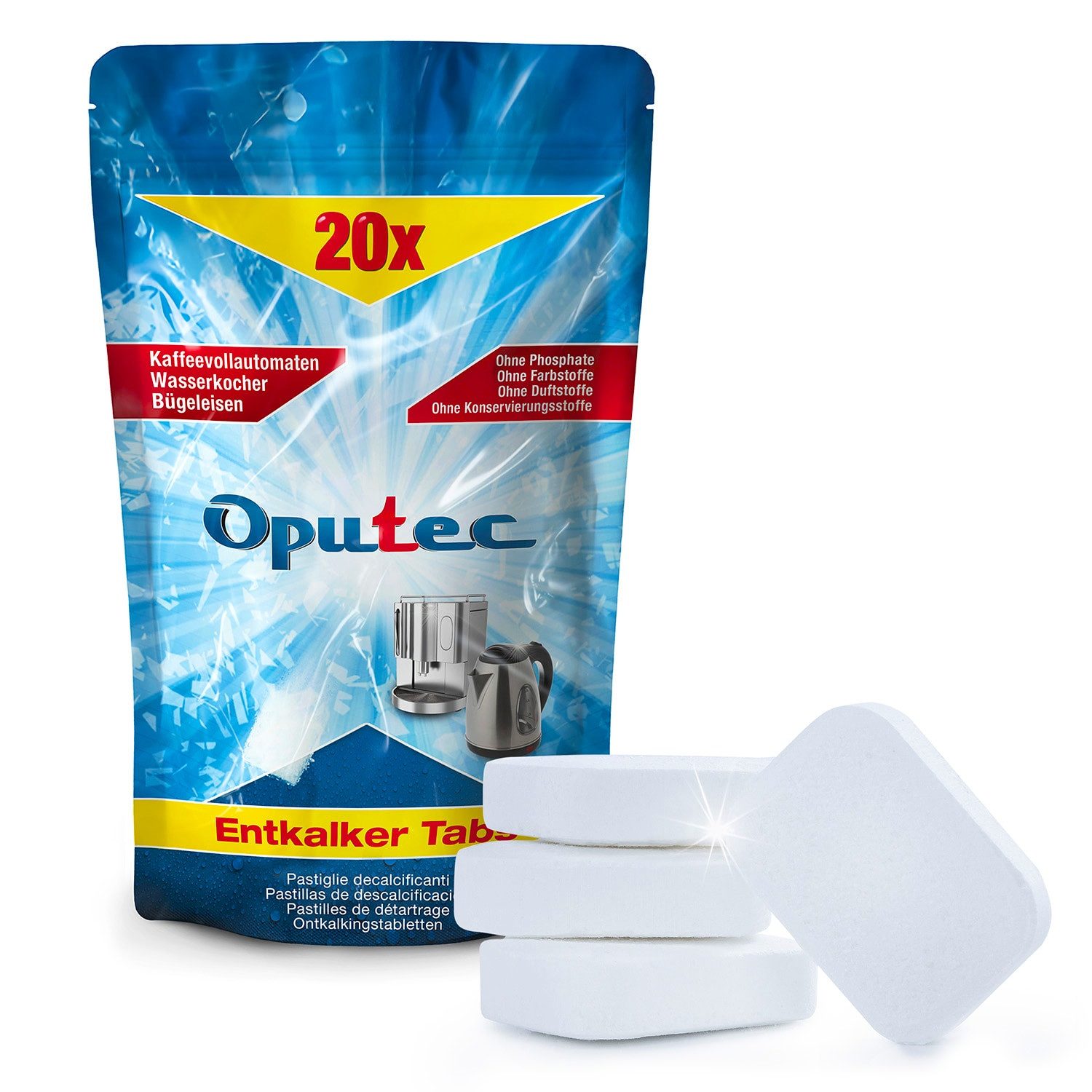 Oputec Oputec 20x Entkalker Tabs Entkalker-Tabletten für Kaffeevollautomaten Entkalkungstabletten (Sparset, [- 20 Tabs)