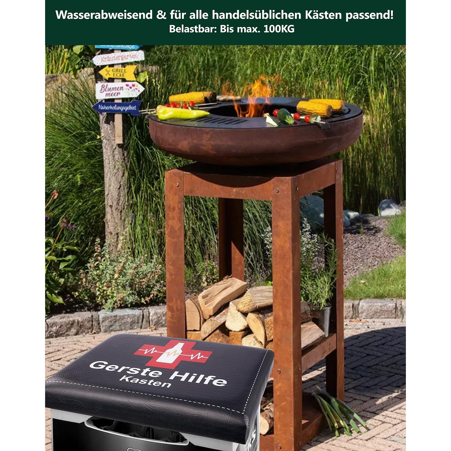 Cult at Home Hocker GERSTE HILFE - Sitzauflage + Bierdeckel Memospiel - für Bierkiste (1xSitzauflage für Bierkiste, Auflage - Bierkasten), Bierkiste Bierkasten  – Bild 3 von 5