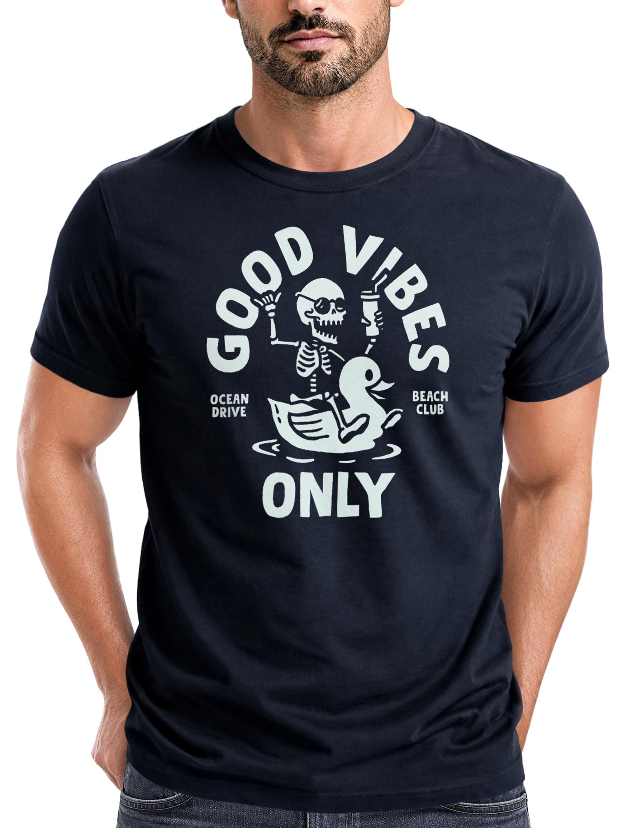 Print-Shirt Herren T-Shirt Printshirt Spruch Good Vibes Only Skelett-Motiv Sommer