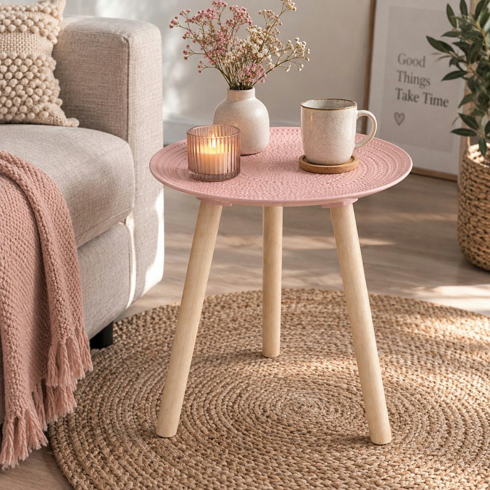 Koopman Beistelltisch Sofatisch Tisch MDF Rosa Ø40cm (Stück, Packung), Gewölbt, Dekoration, mt Motiv, Rosafarben